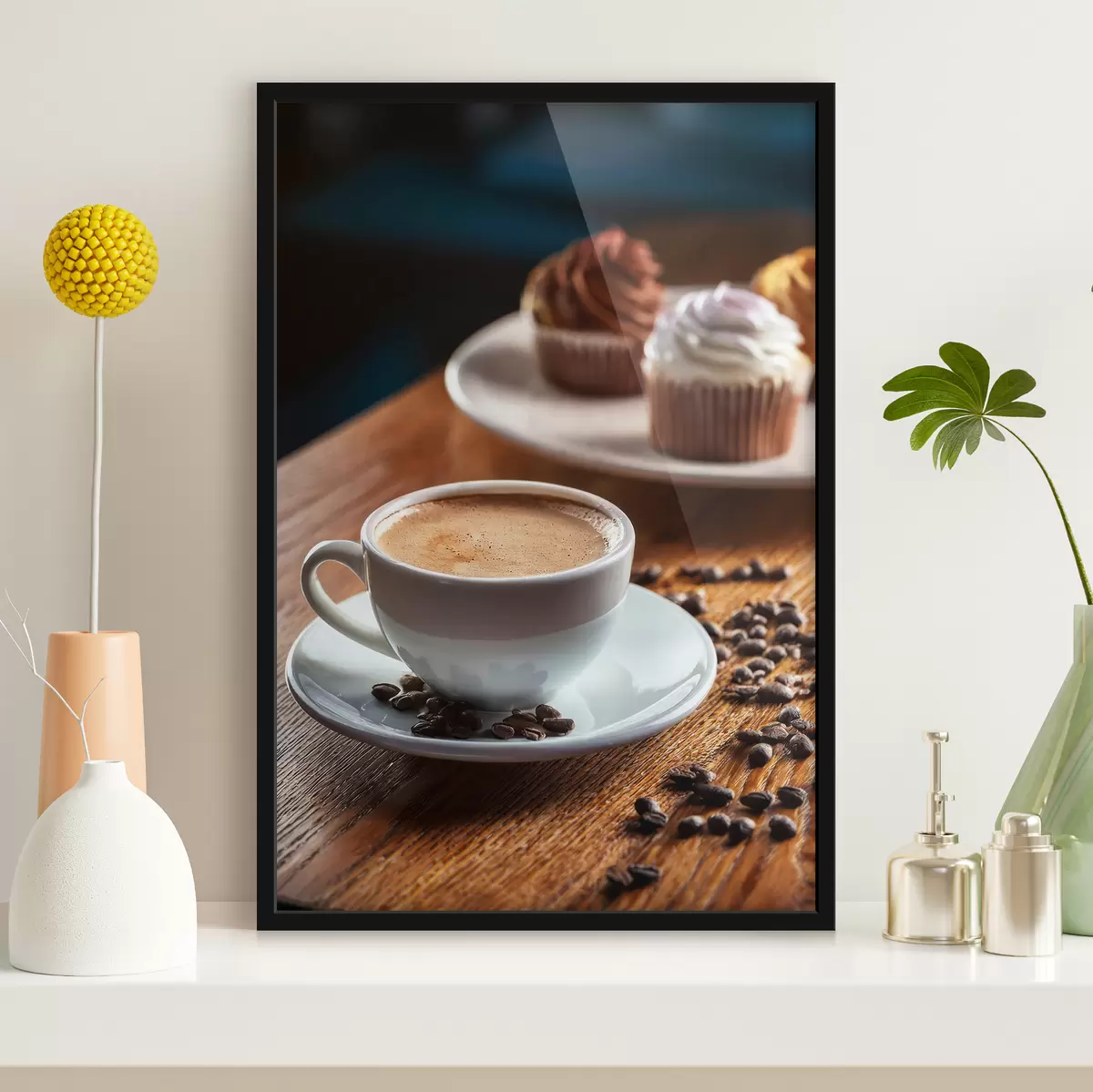 Poster taza de café, granos de café, pasteles, naturaleza muerta f40417