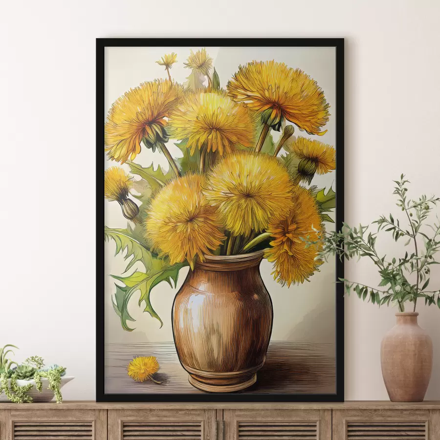 murales de pared Dientes de león, ramo de dientes de león en un jarrón, dientes de león amarillos f40418