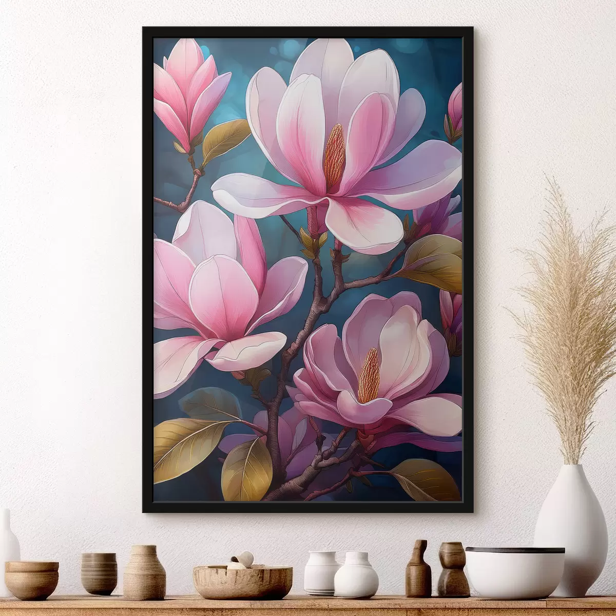 Poster flores de magnolia, magnolia rosa, flores grandes f40425