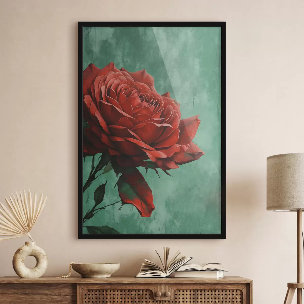 Poster Rosa sobre fondo verde f40339