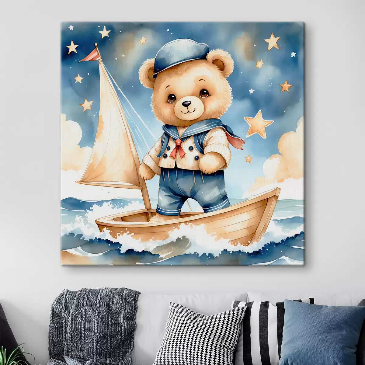 murales de pared Lindo oso de acuarela en un bote con estrellas en el cielo s40429