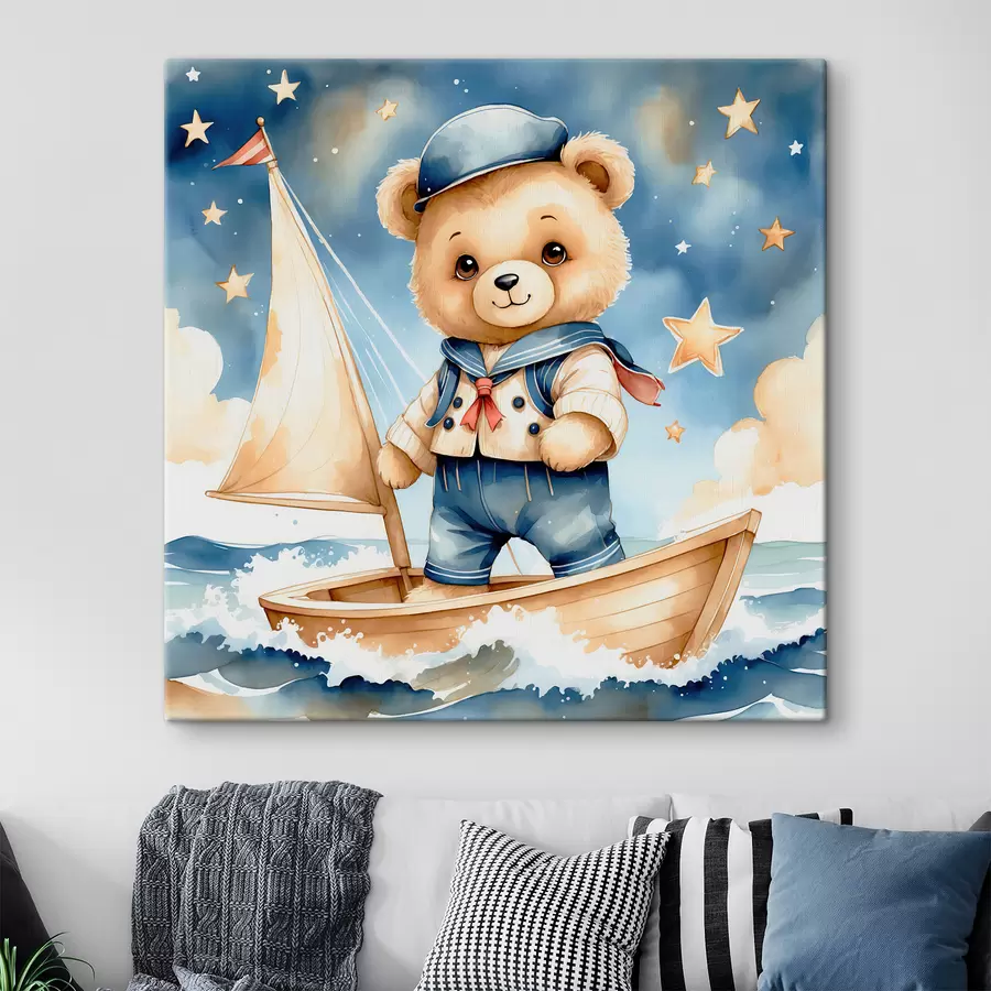 murales de pared Lindo oso de acuarela en un bote con estrellas en el cielo s40429
