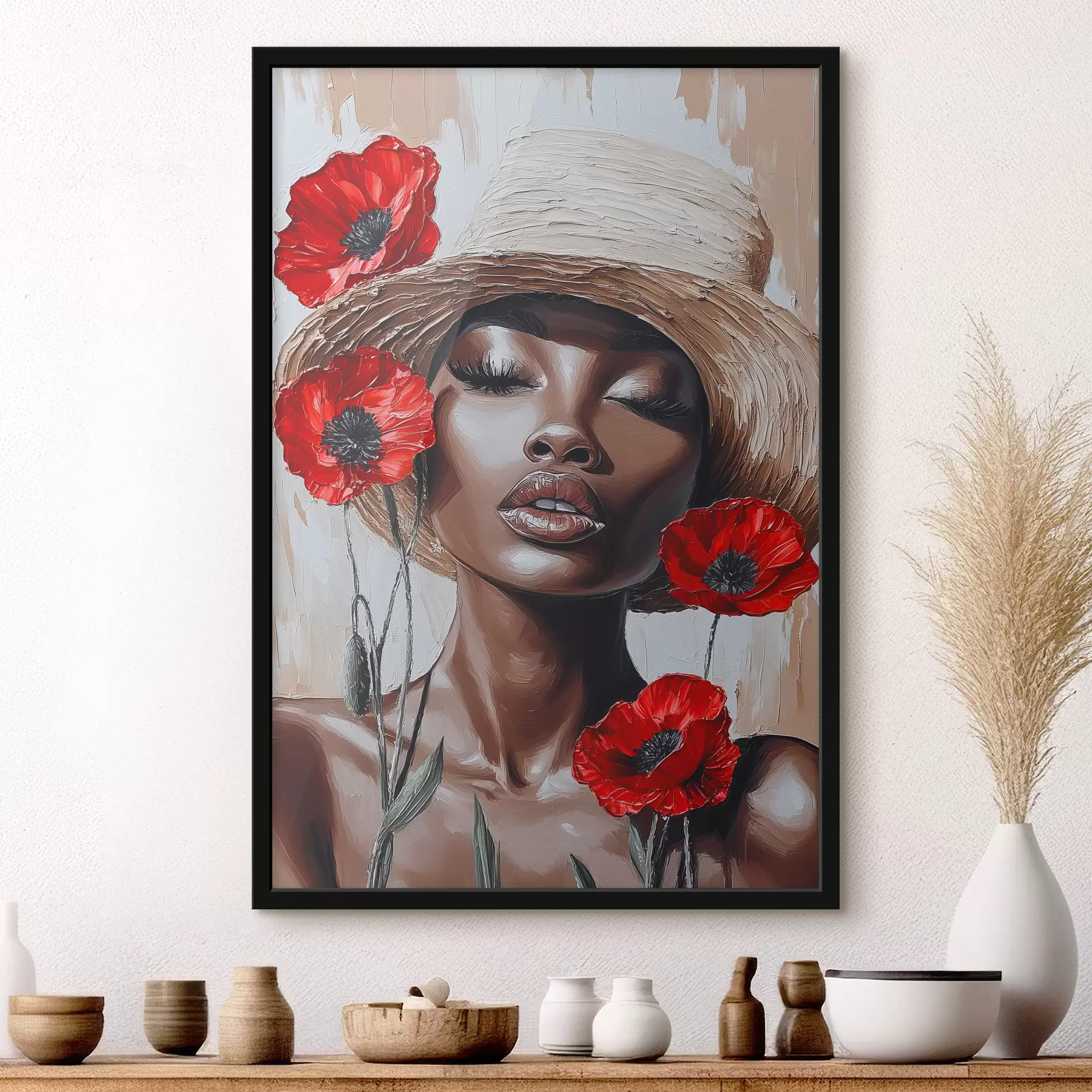 murales de pared Retrato de una mujer con sombrero con amapolas rojas f40350