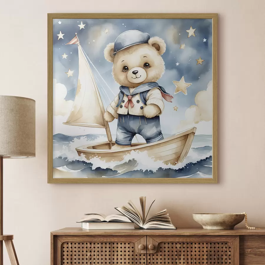 murales de pared Un simpático osito de peluche en acuarela en un barco con estrellas en el cielo f40429
