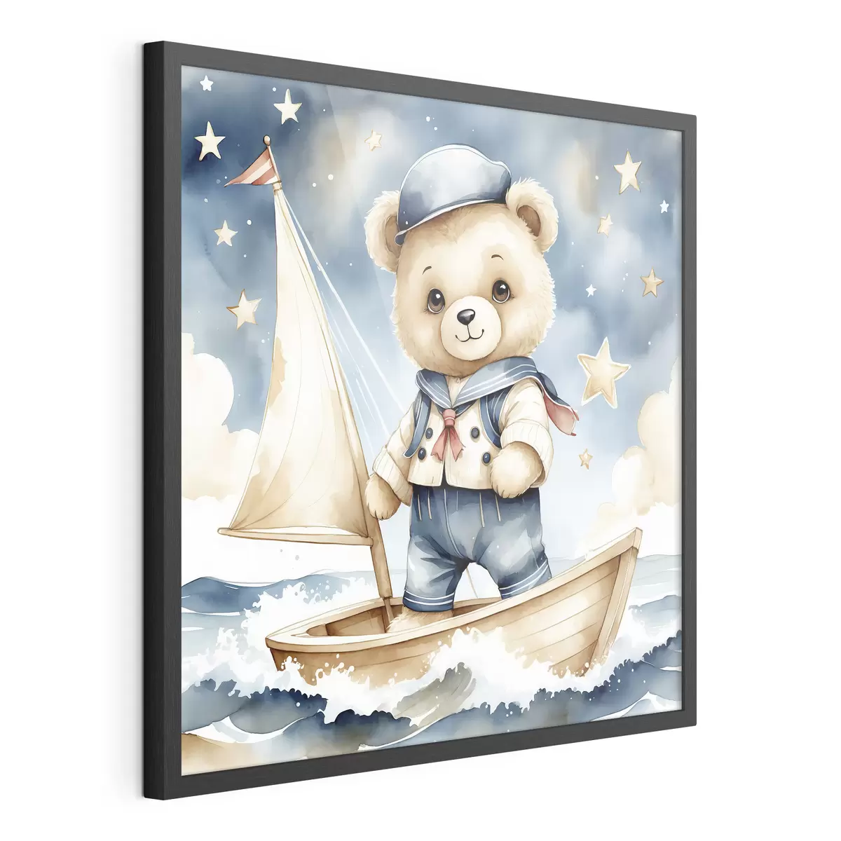 Poster Un simpático osito de peluche en acuarela en un barco con estrellas en el cielo f40429