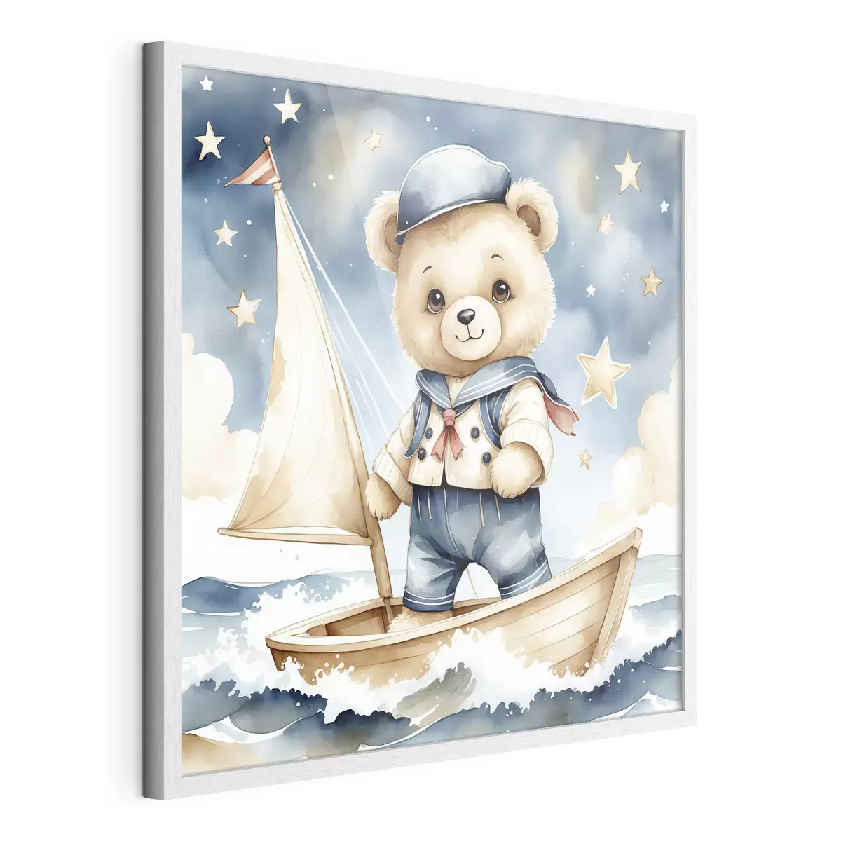 Poster Un simpático osito de peluche en acuarela en un barco con estrellas en el cielo f40429