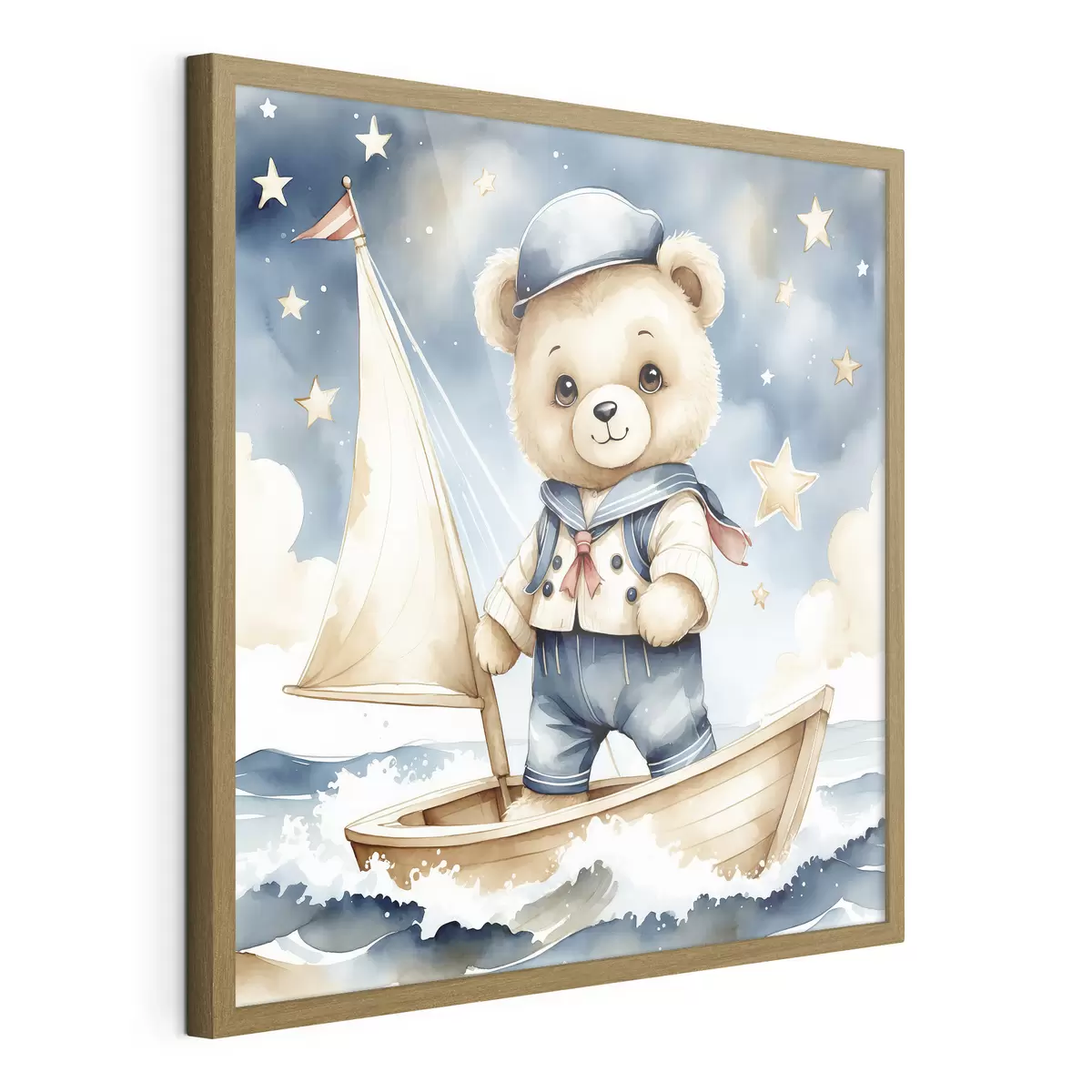 Poster Un simpático osito de peluche en acuarela en un barco con estrellas en el cielo f40429