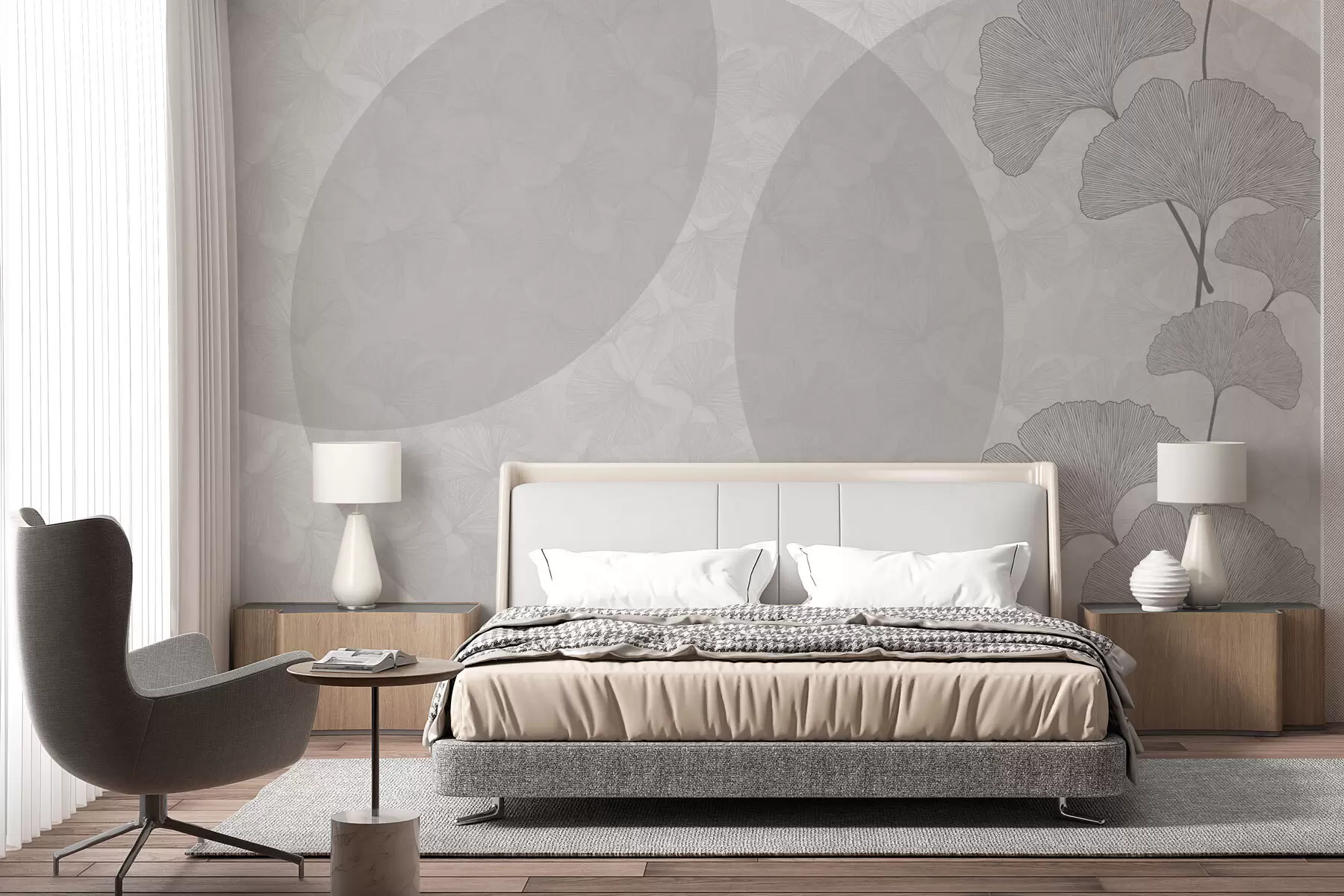 murales de pared Hojas de ginkgo grandes y geometría de color gris w01465v3