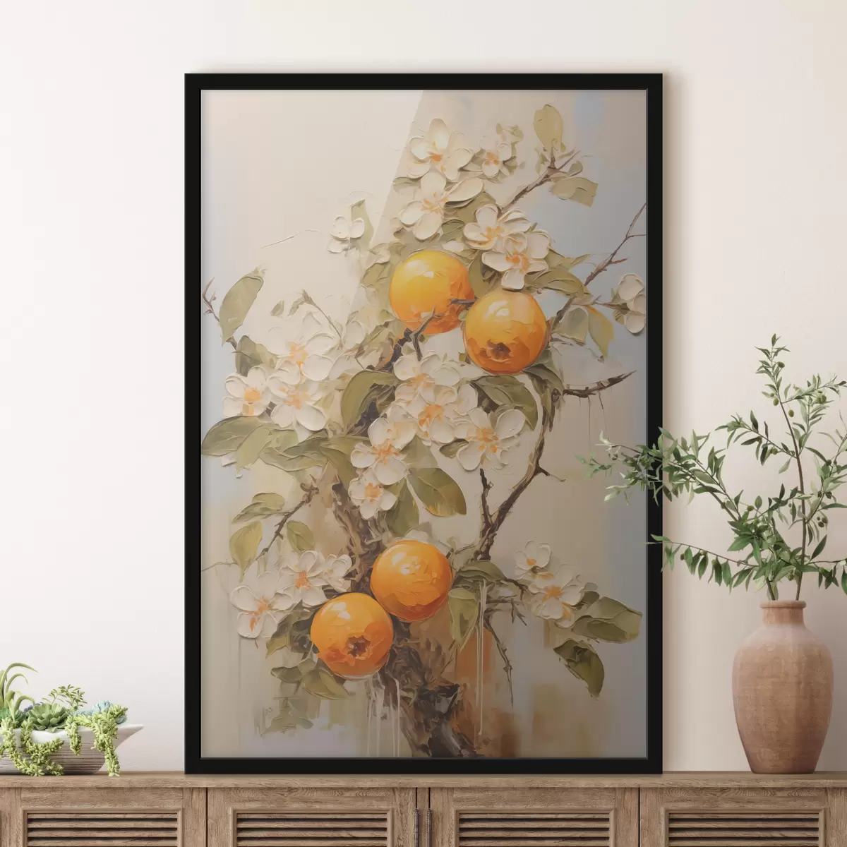 Poster Rama con flores blancas y naranjas sobre un fondo gris-beige f40486