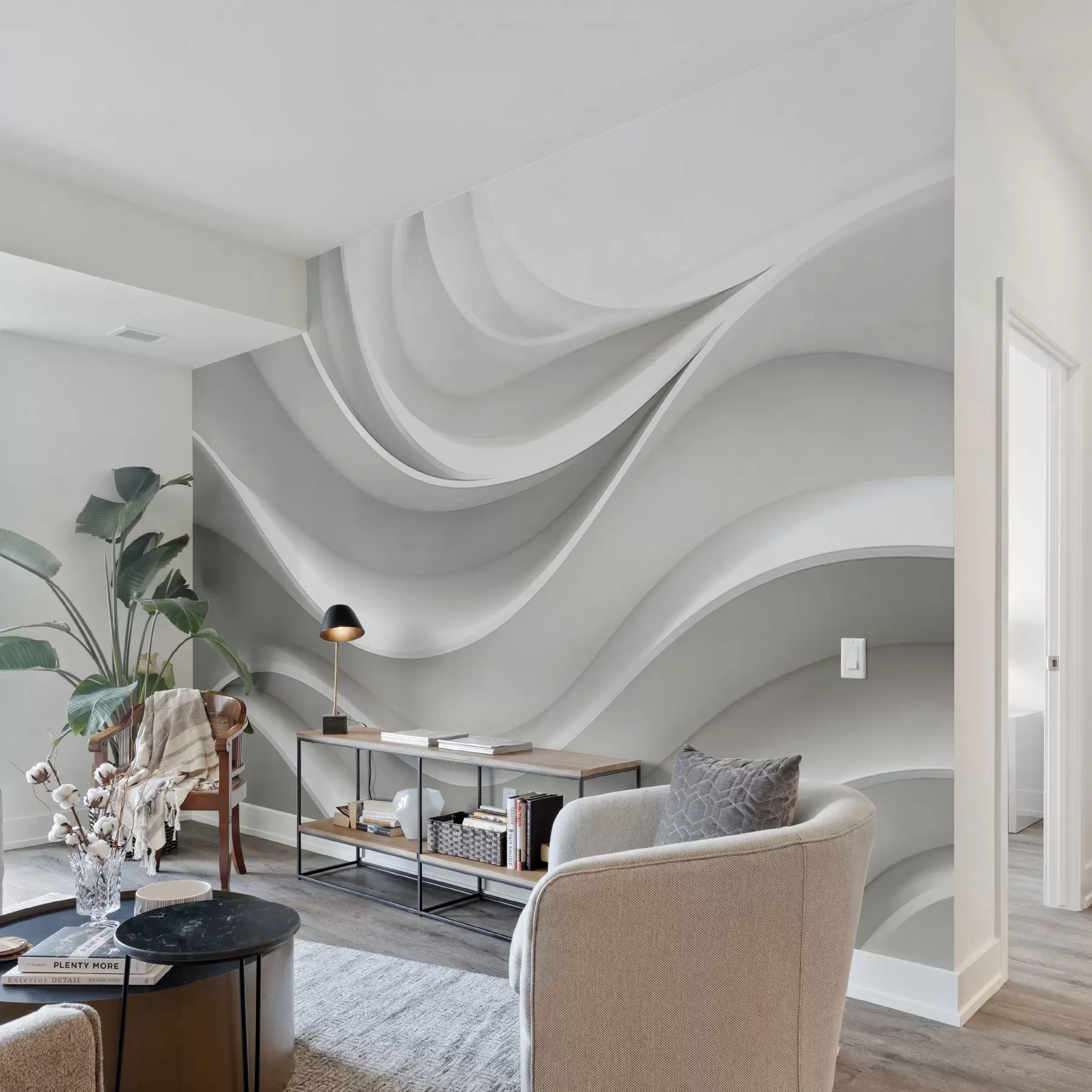 murales de pared Forma de onda abstracta volumétrica 3D blanca w01471