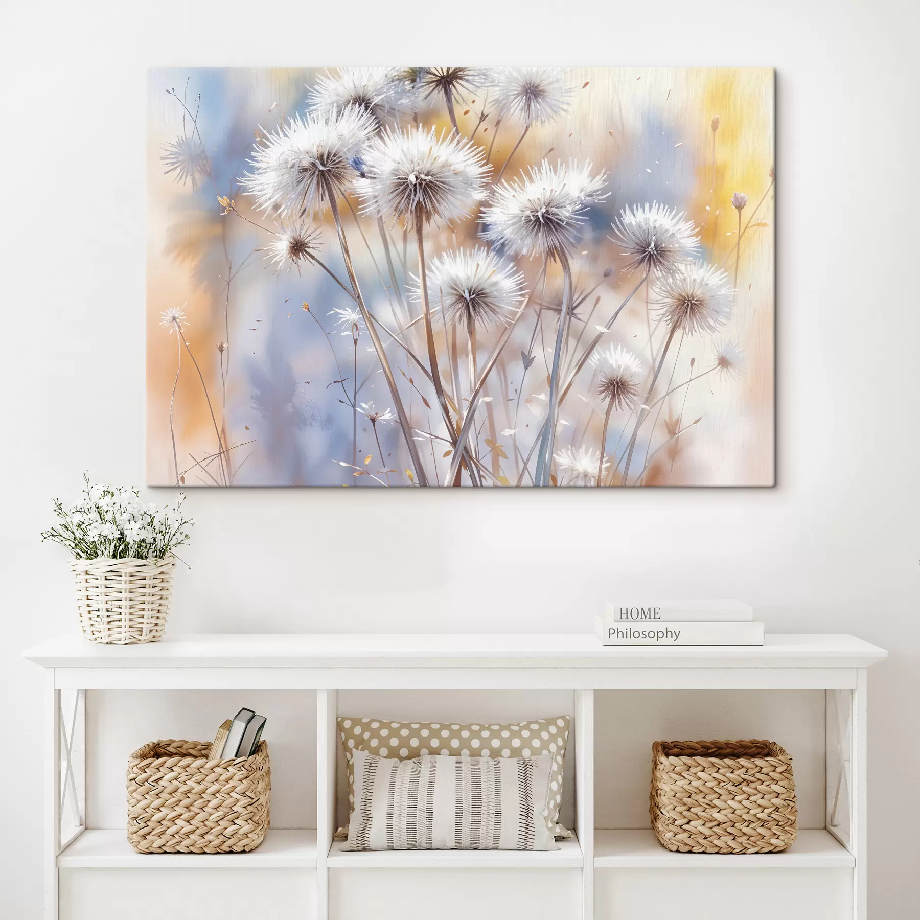 murales de pared Flores de diente de león blancas y esponjosas sobre un fondo de acuarela borroso con iluminación cálida s40541