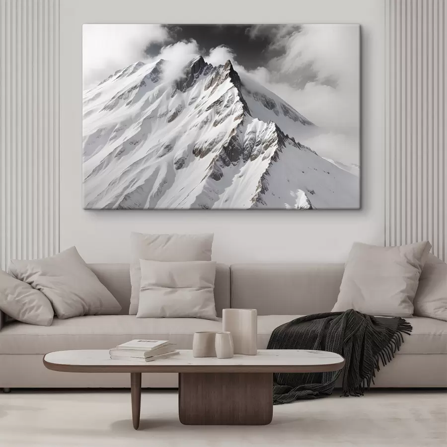 murales de pared Picos de montañas nevados en blanco y negro en un paisaje nublado y dramático s40553