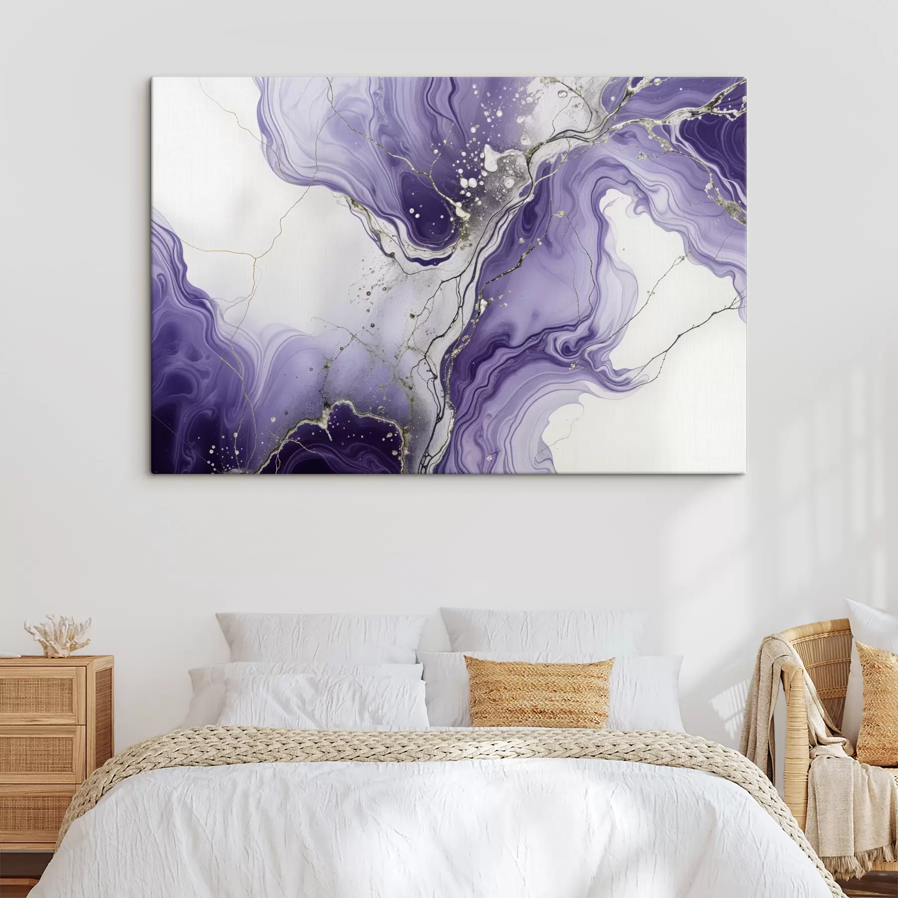 murales de pared Impresión de composición de arte fluido abstracto con tinta violeta, blanca y gris en remolinos s40566