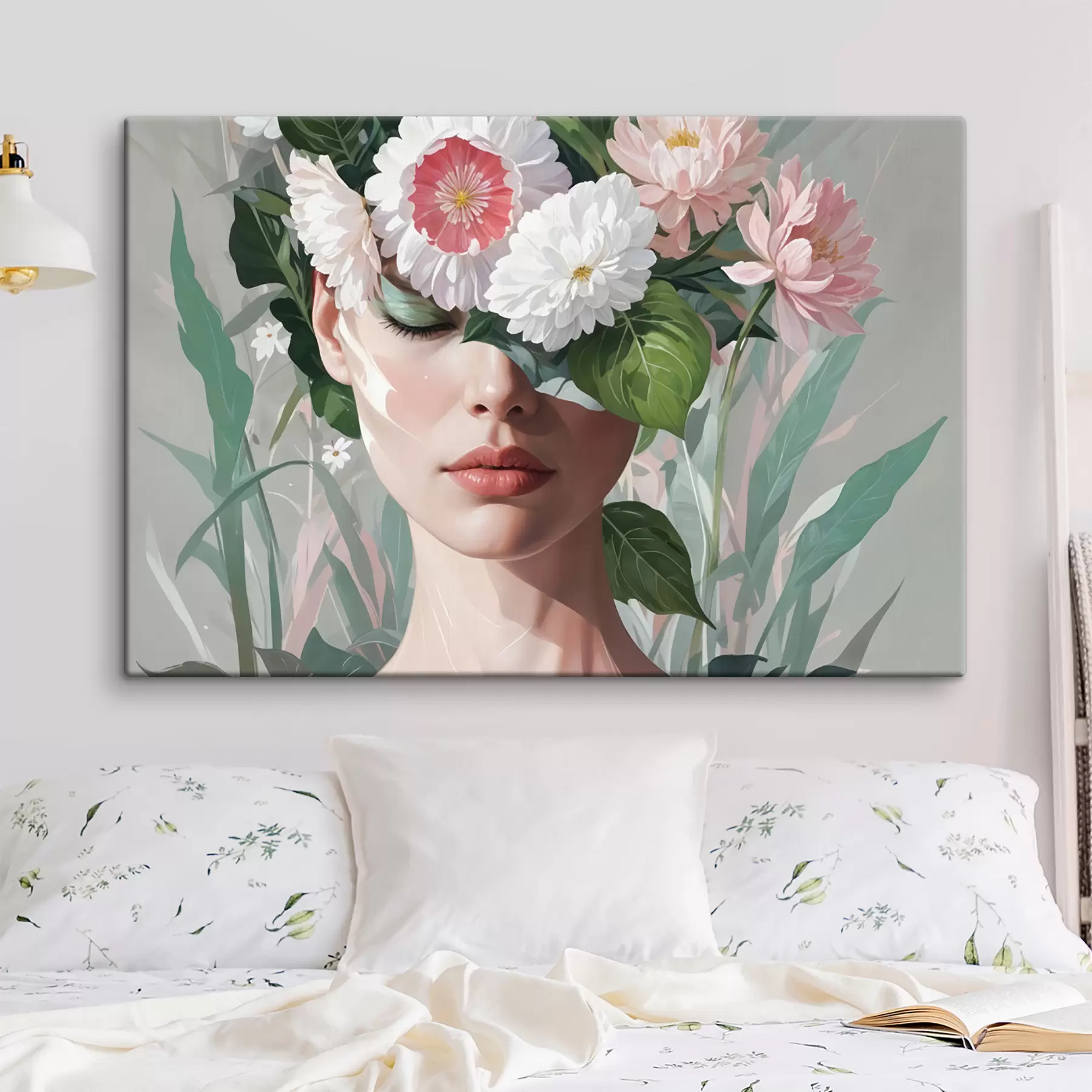 murales de pared Una mujer parcialmente oculta por un ramo de grandes flores rosas y blancas sobre un fondo verde y frondoso. s40567