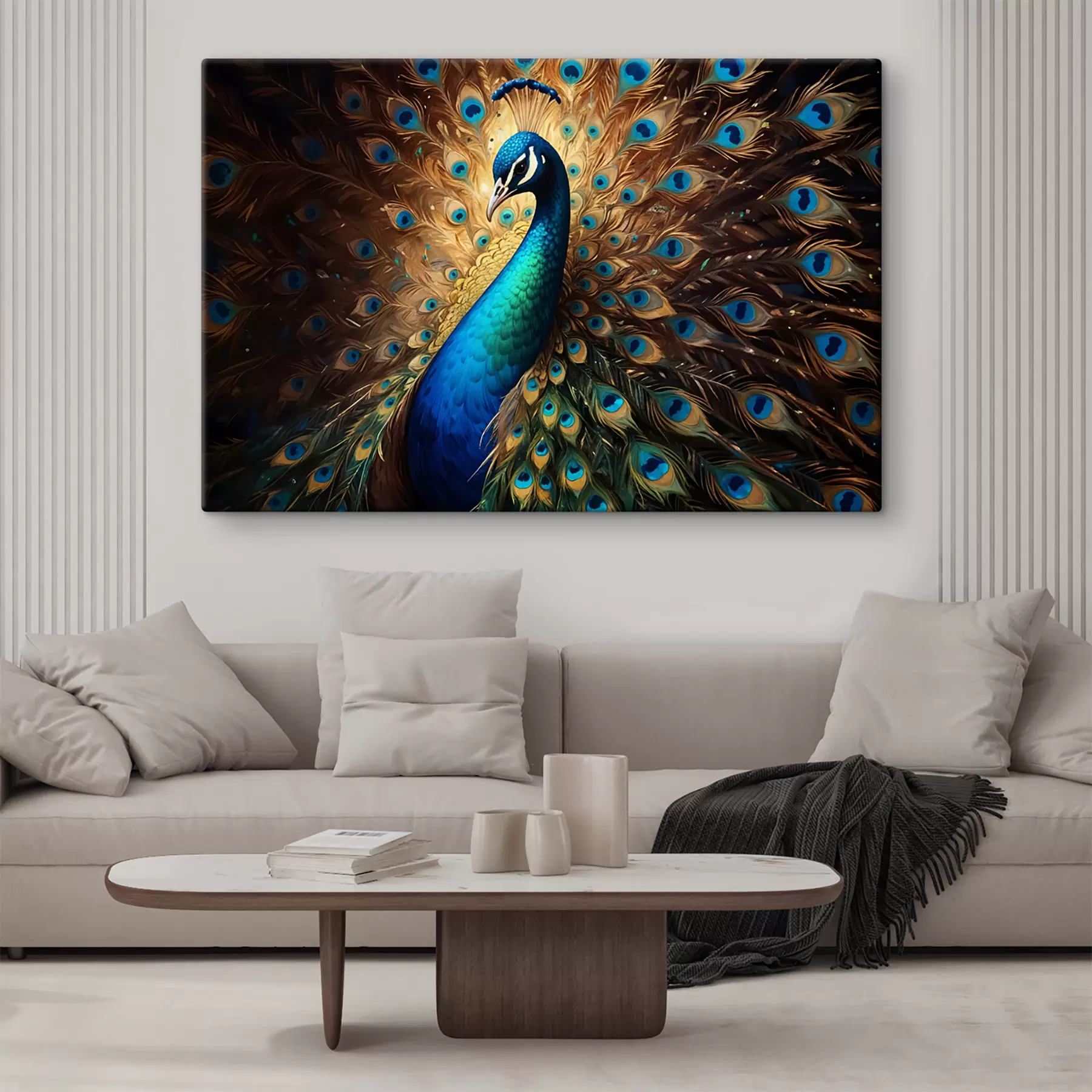 murales de pared Un pavo real vibrante con sus plumas completamente expuestas, mostrando su impresionante plumaje azul, verde s40571