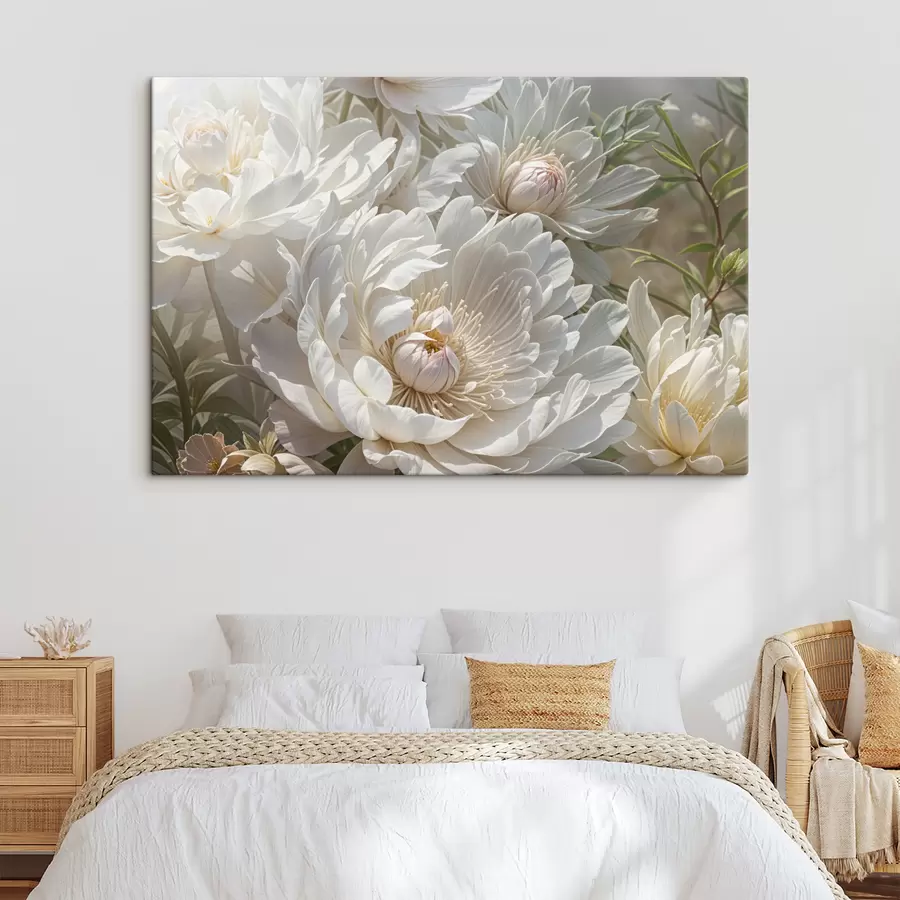 murales de pared Un primer plano de varias flores grandes de peonía blanca con pétalos suaves y delicados y centros de color amarillo pálido. s40575