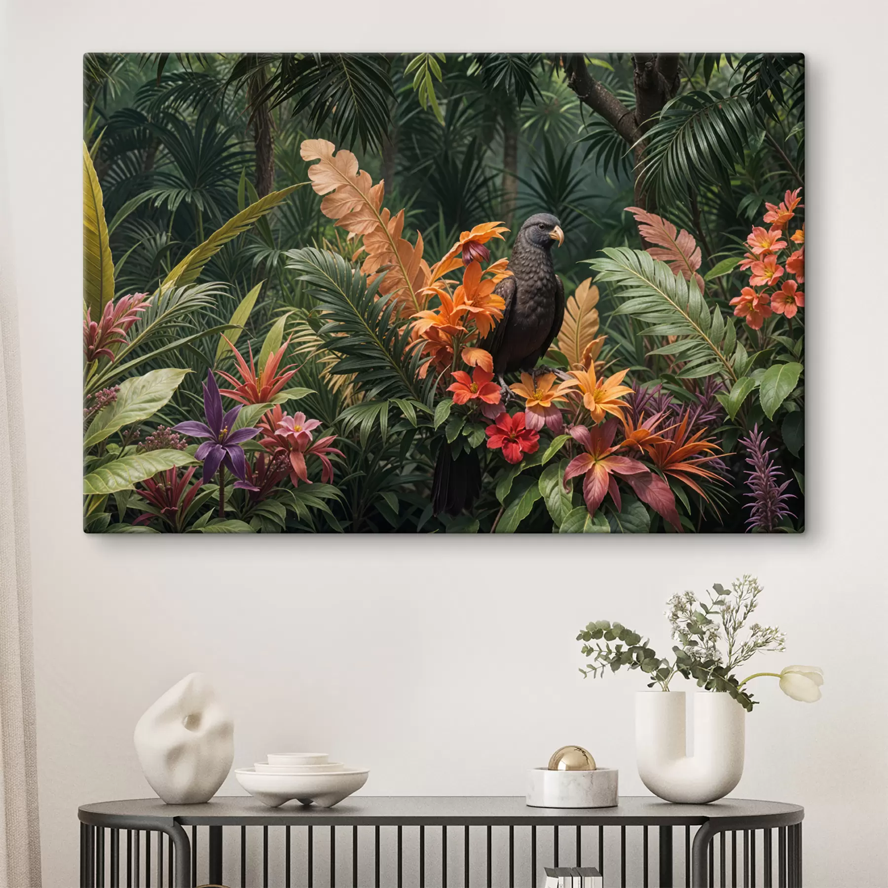 murales de pared Pájaro tropical posado en una rama rodeado de follaje vibrante, hojas de palmera, flores y plantas exóticas. s40578