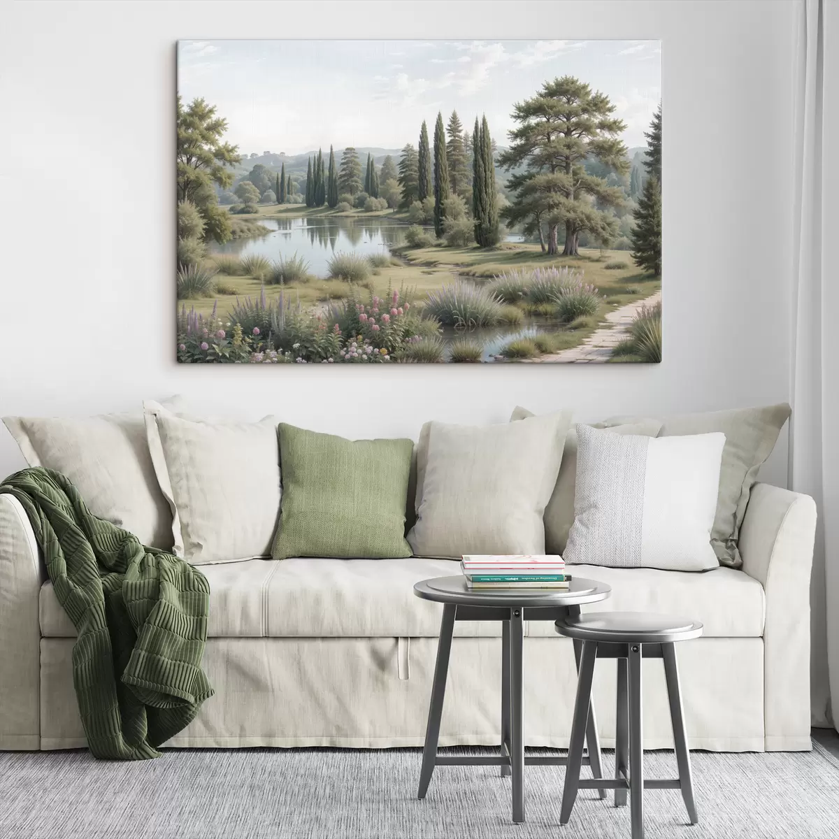 murales de pared Un paisaje sereno con un lago tranquilo rodeado de pinos, cipreses y otra vegetación exuberante. s40579