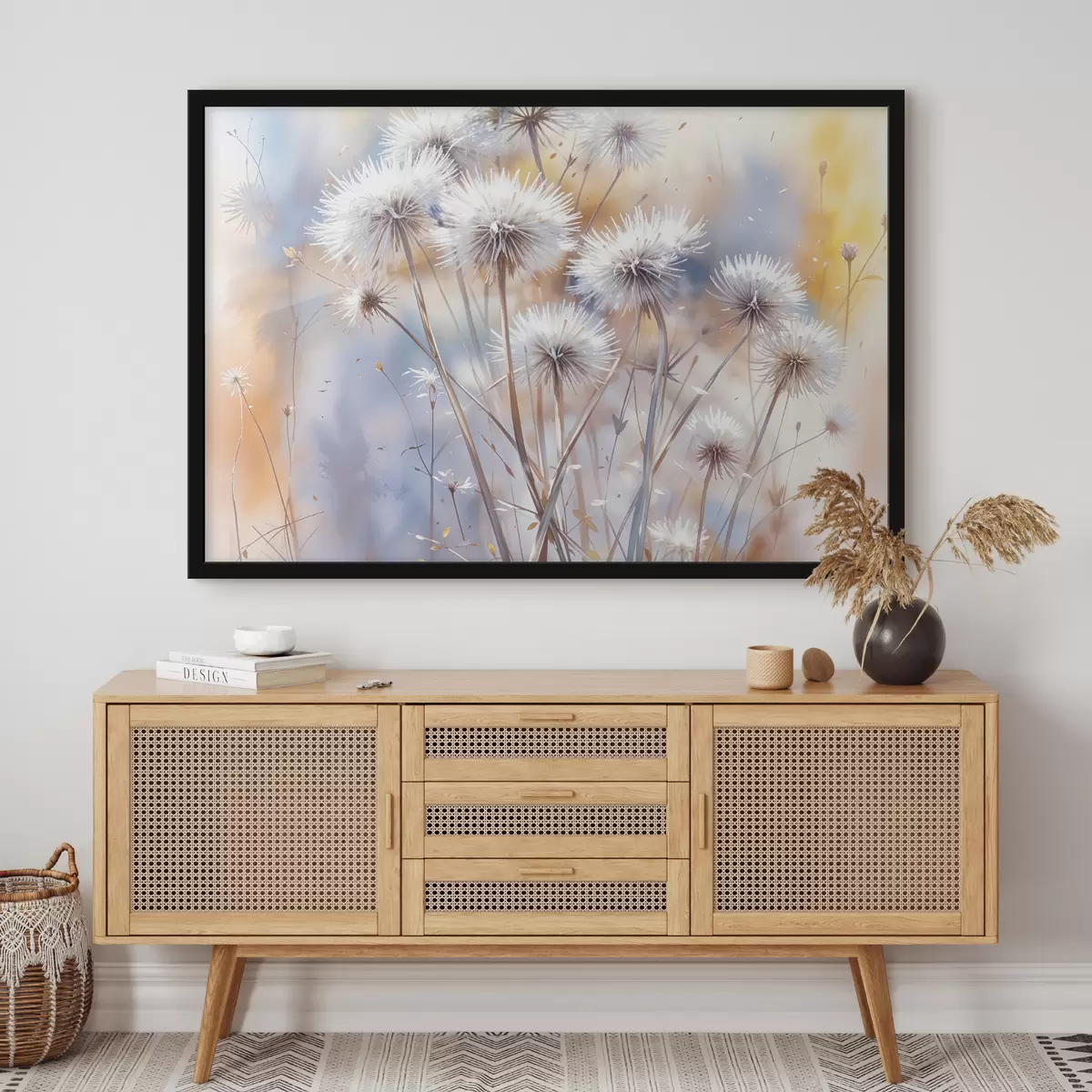 Poster Flores de diente de león blancas y esponjosas sobre un fondo de acuarela borroso con iluminación cálida f40541