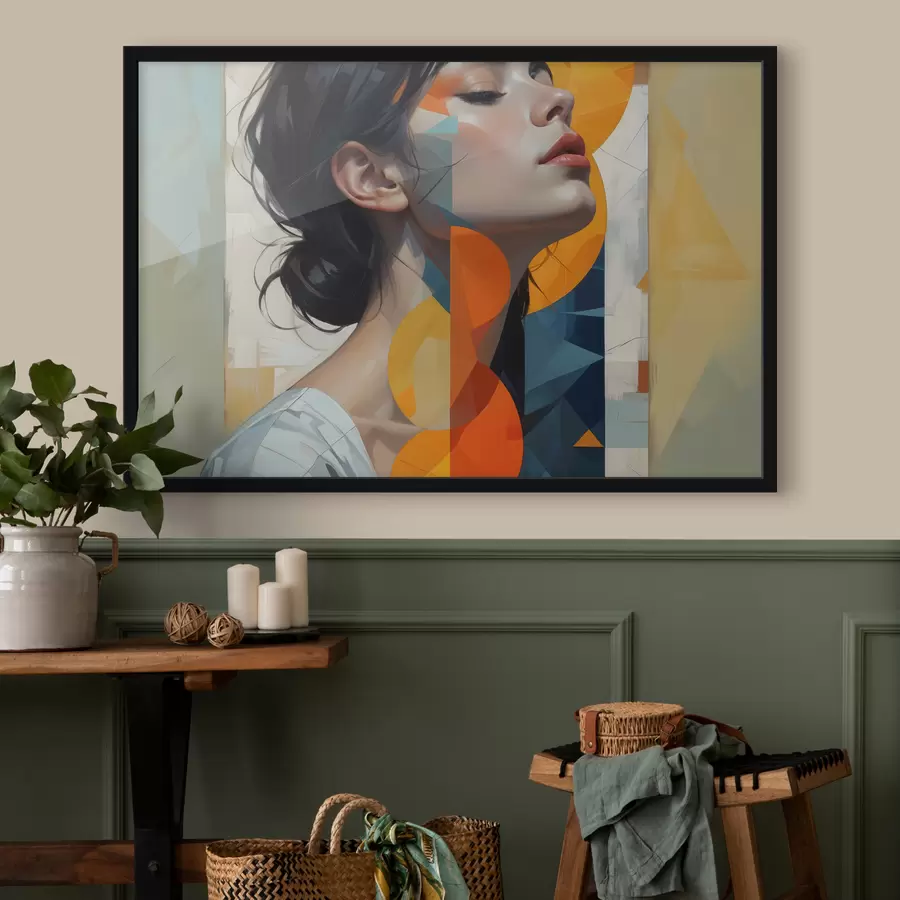 murales de pared Cuadro abstracto de mujer de pelo largo y oscuro, vestida con camisa blanca con estampado geométrico colorido f40543