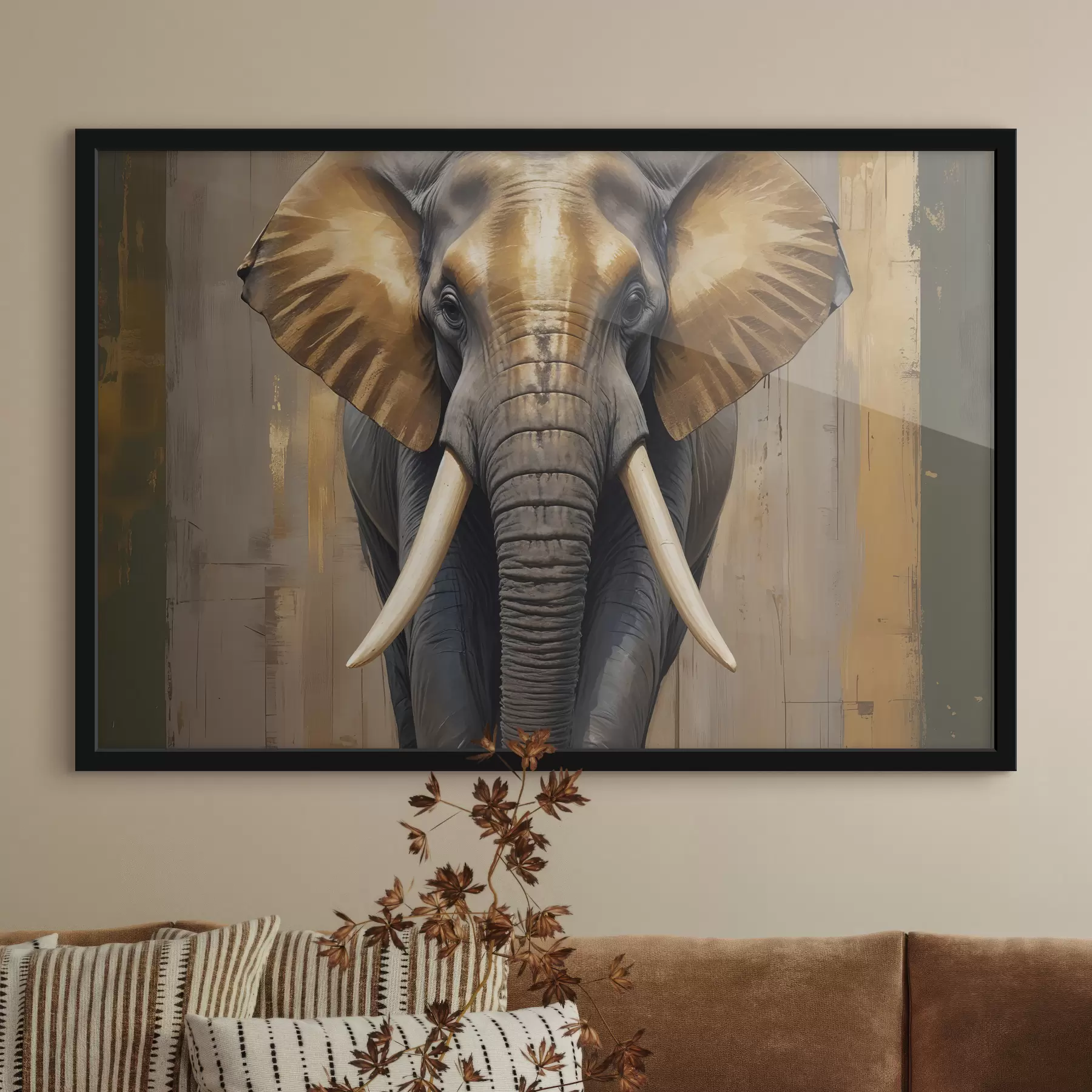murales de pared Una gran pintura texturizada de un elefante africano con colmillos de marfil y orejas ensanchadas, sobre un fondo de madera f40544