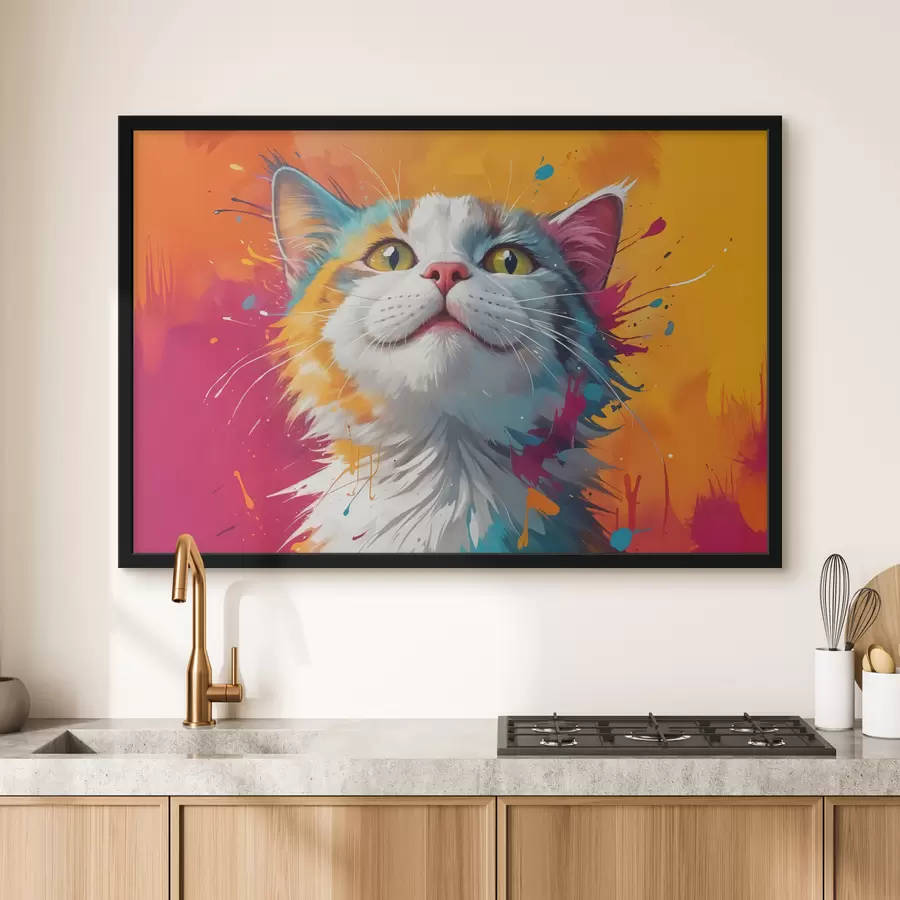 murales de pared Un retrato en primer plano de un gato atigrado blanco y naranja con salpicaduras de pintura vibrantes y coloridas. f40547