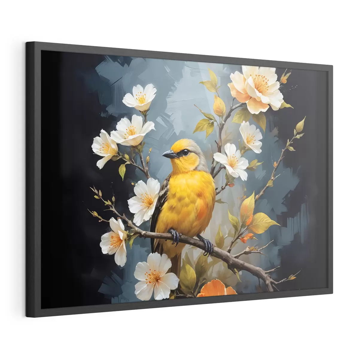 Poster Un pájaro amarillo posado en una rama con flores blancas y naranjas en el fondo f40550