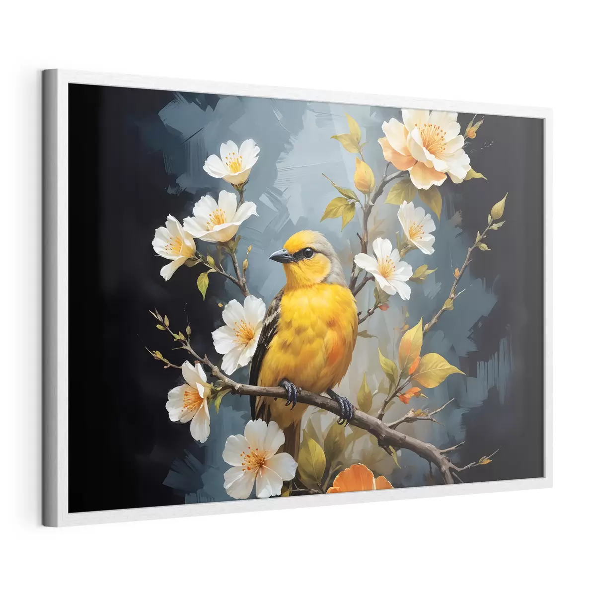 Poster Un pájaro amarillo posado en una rama con flores blancas y naranjas en el fondo f40550
