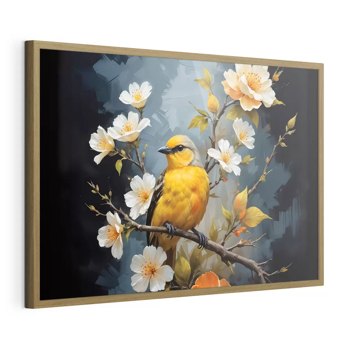 Poster Un pájaro amarillo posado en una rama con flores blancas y naranjas en el fondo f40550