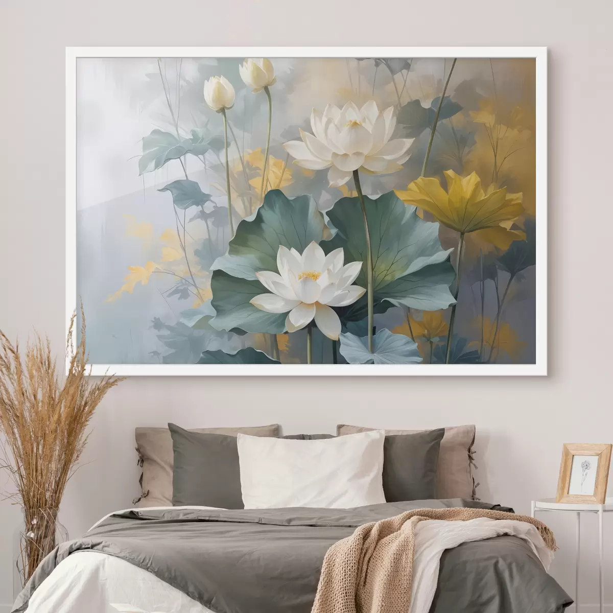 Poster Flores de loto blancas en un estanque con nenúfares verdes, rodeadas de flores amarillas y un fondo borroso f40559