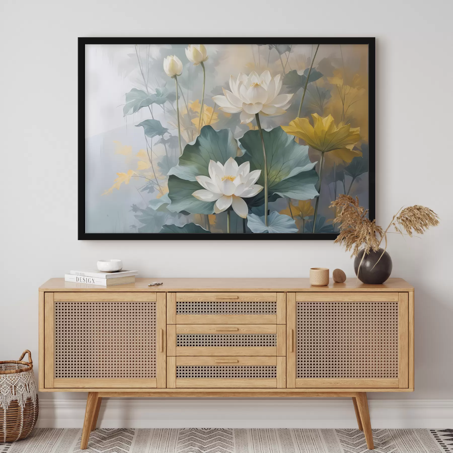 murales de pared Flores de loto blancas en un estanque con nenúfares verdes, rodeadas de flores amarillas y un fondo borroso f40559