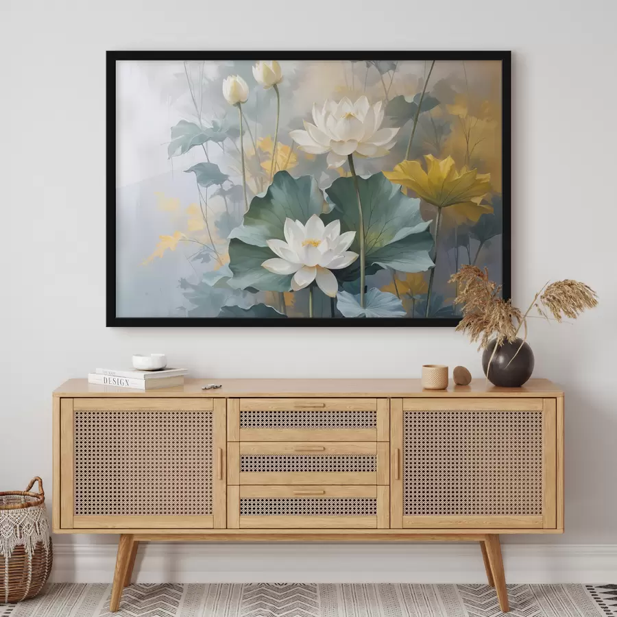 murales de pared Flores de loto blancas en un estanque con nenúfares verdes, rodeadas de flores amarillas y un fondo borroso f40559