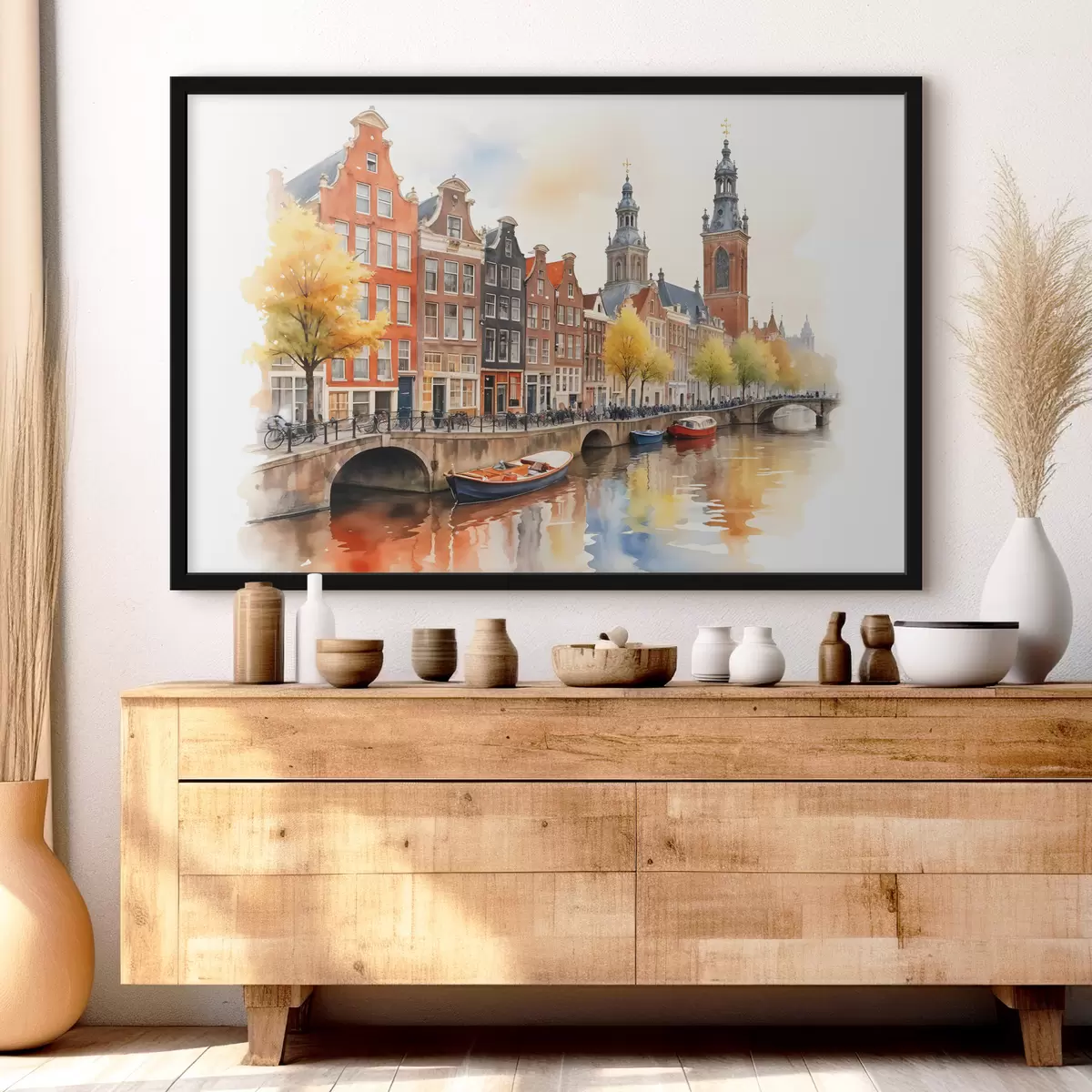 Poster Un colorido paisaje urbano de acuarela de Ámsterdam con casas tradicionales de los canales holandeses y barcos en el agua. f40561