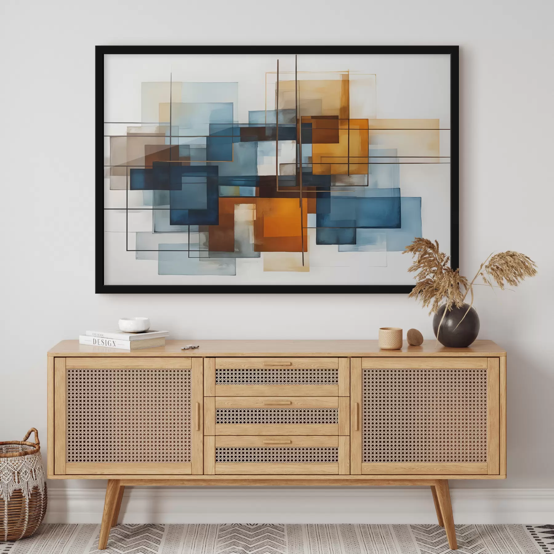 murales de pared Formas geométricas abstractas en tonos de azul, naranja y marrón que crean una composición minimalista moderna. f40563