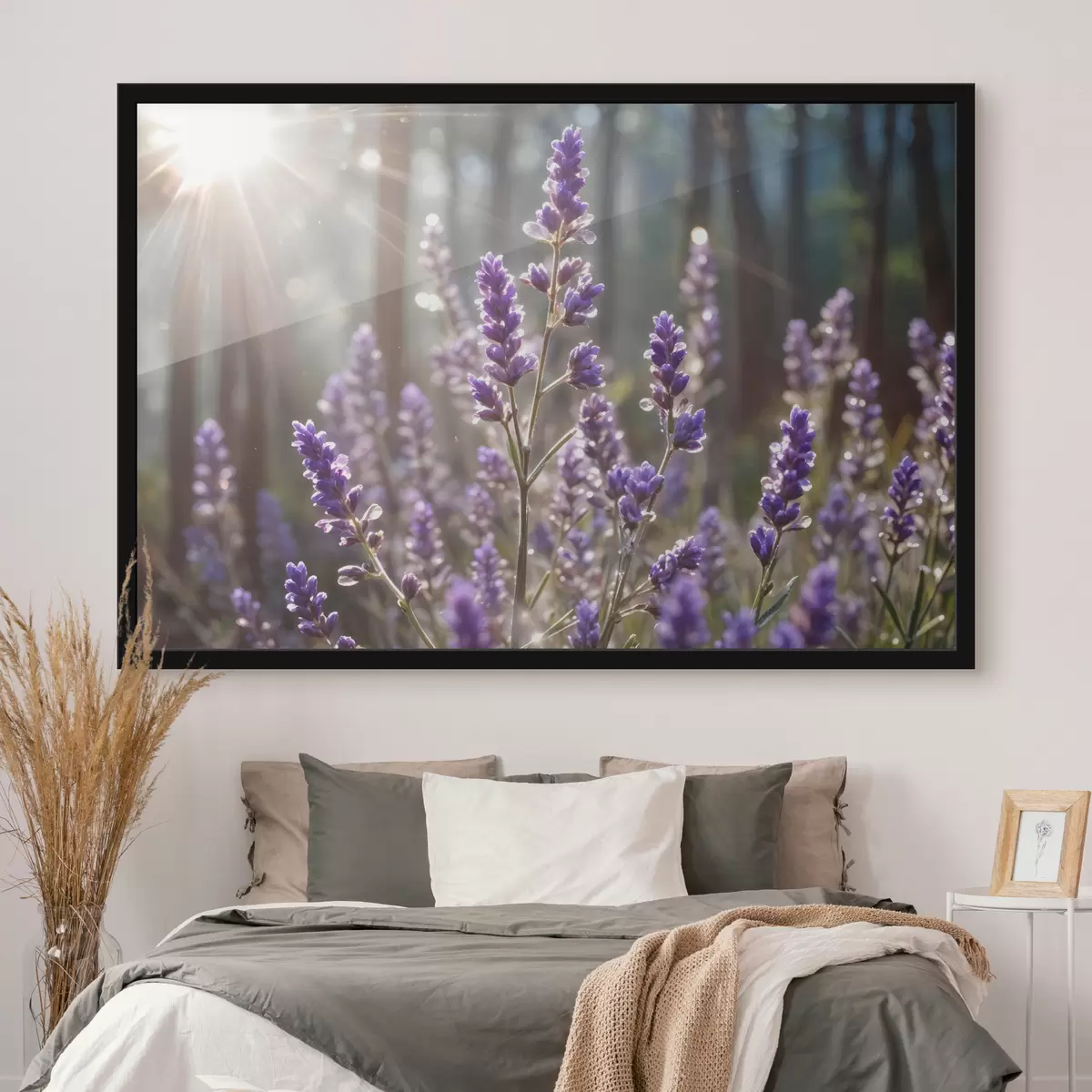 Poster Flores de lavanda violeta en un campo, con un fondo de bosque borroso y luz solar filtrándose a través de ellas. f40570