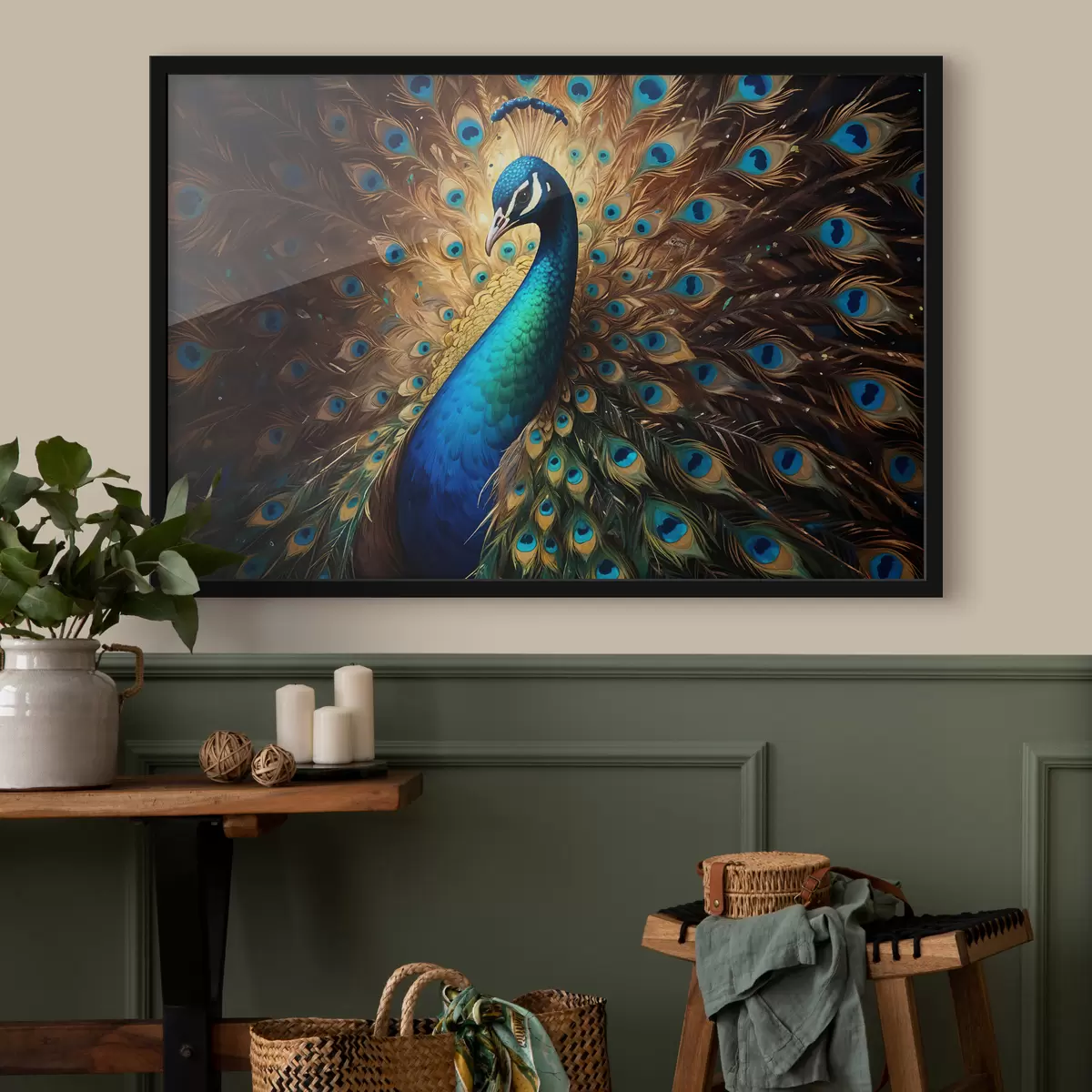 Poster Un pavo real vibrante con sus plumas completamente expuestas, mostrando su impresionante plumaje azul, verde f40571