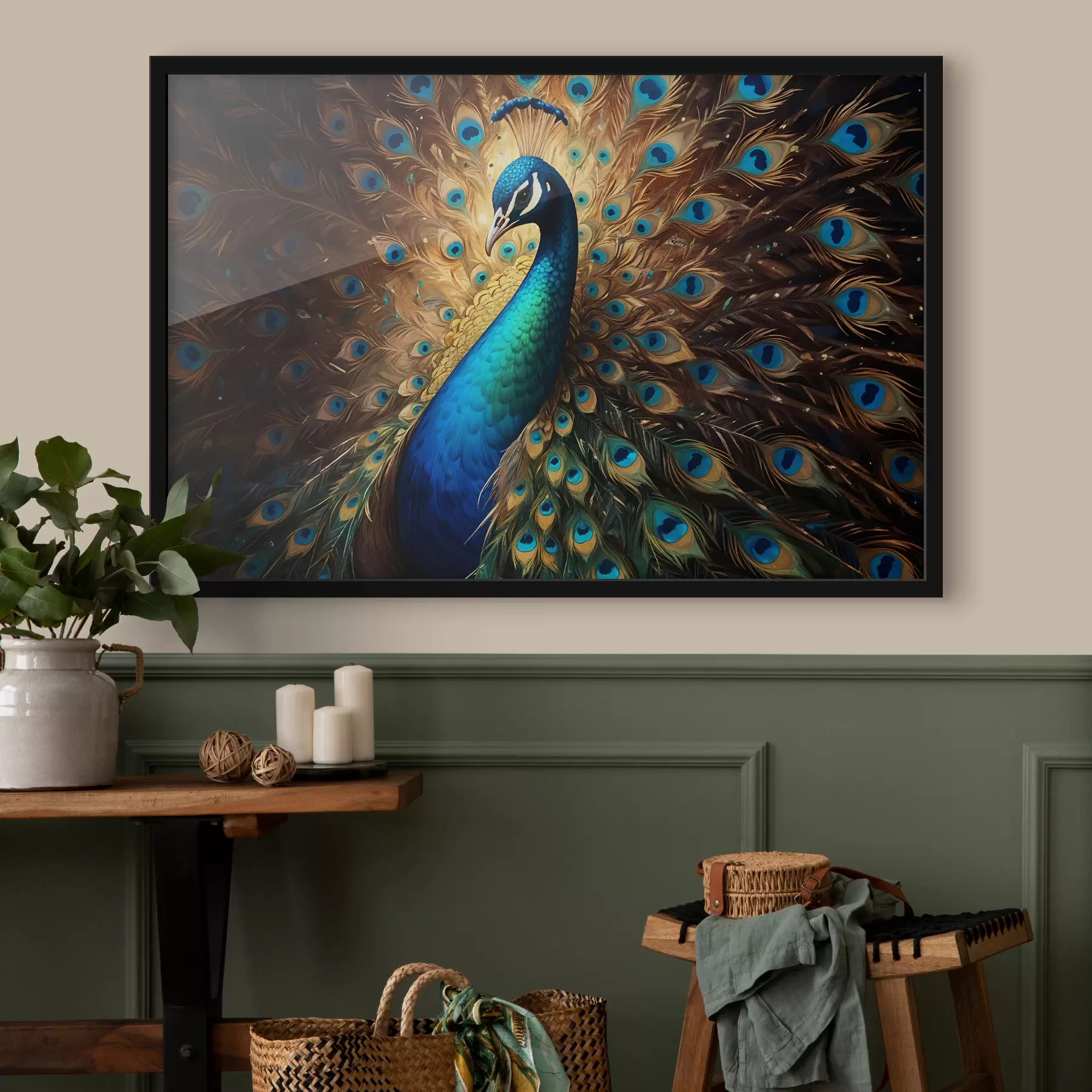 murales de pared Un pavo real vibrante con sus plumas completamente expuestas, mostrando su impresionante plumaje azul, verde f40571