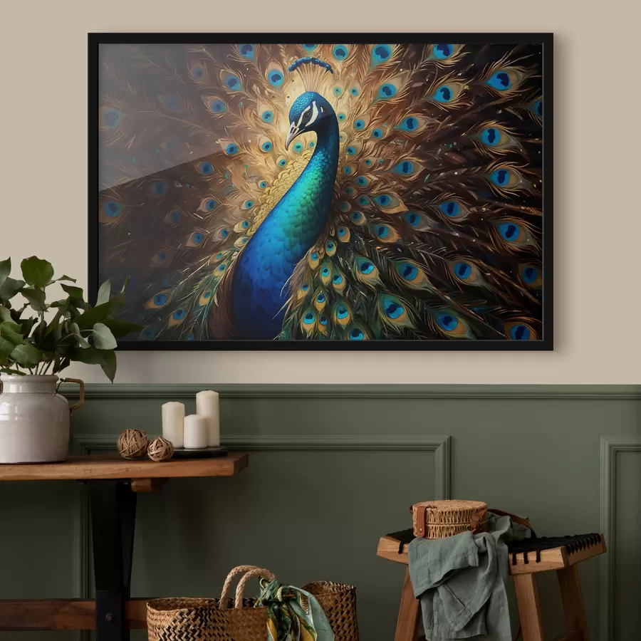 murales de pared Un pavo real vibrante con sus plumas completamente expuestas, mostrando su impresionante plumaje azul, verde f40571