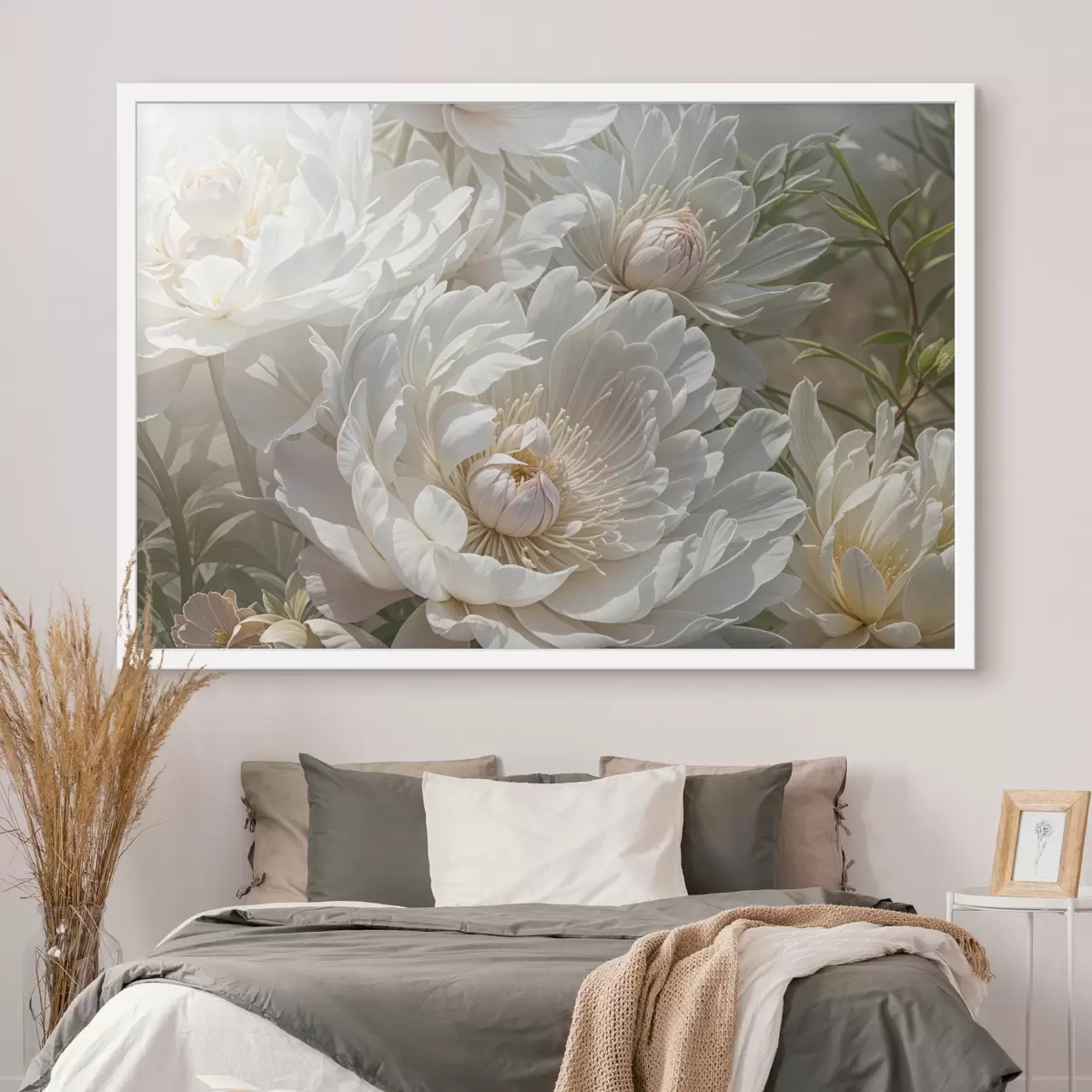 Poster Un primer plano de varias flores grandes de peonía blanca con pétalos suaves y delicados y centros de color amarillo pálido. f40575