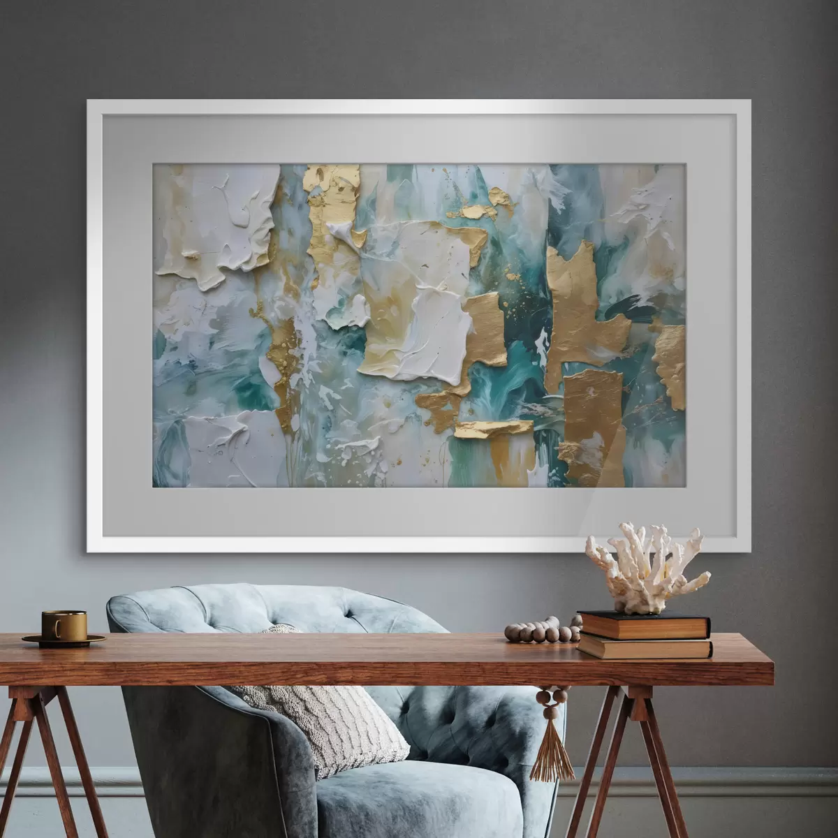 Poster Pintura descascarada con capas de colores blanco, azul y amarillo que crean una impresión abstracta y texturizada f40577