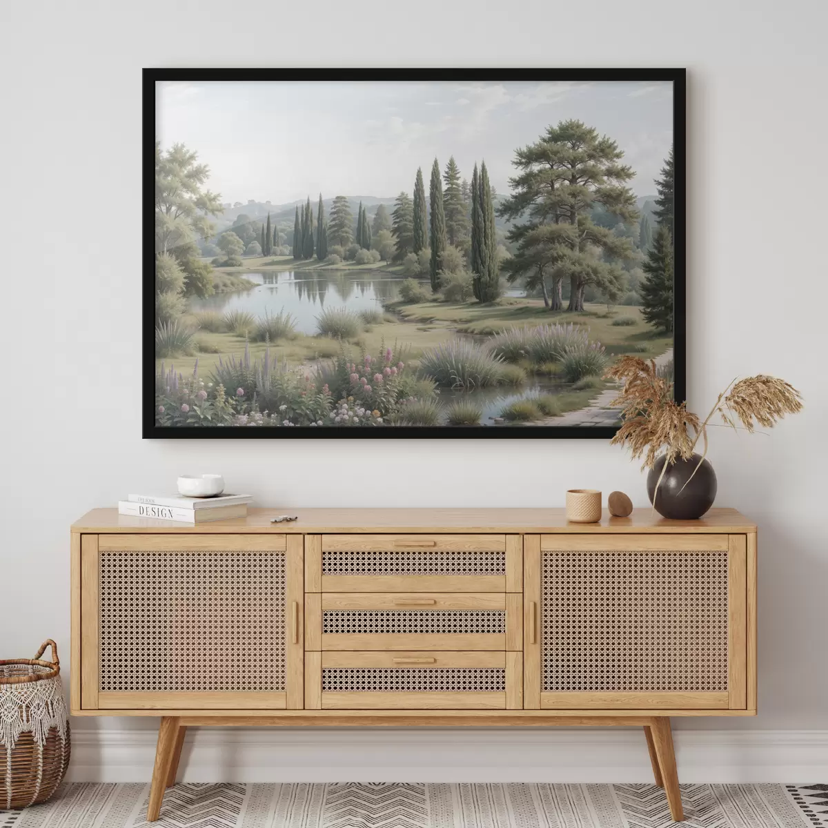 Poster Un paisaje sereno con un lago tranquilo rodeado de pinos, cipreses y otra vegetación exuberante. f40579