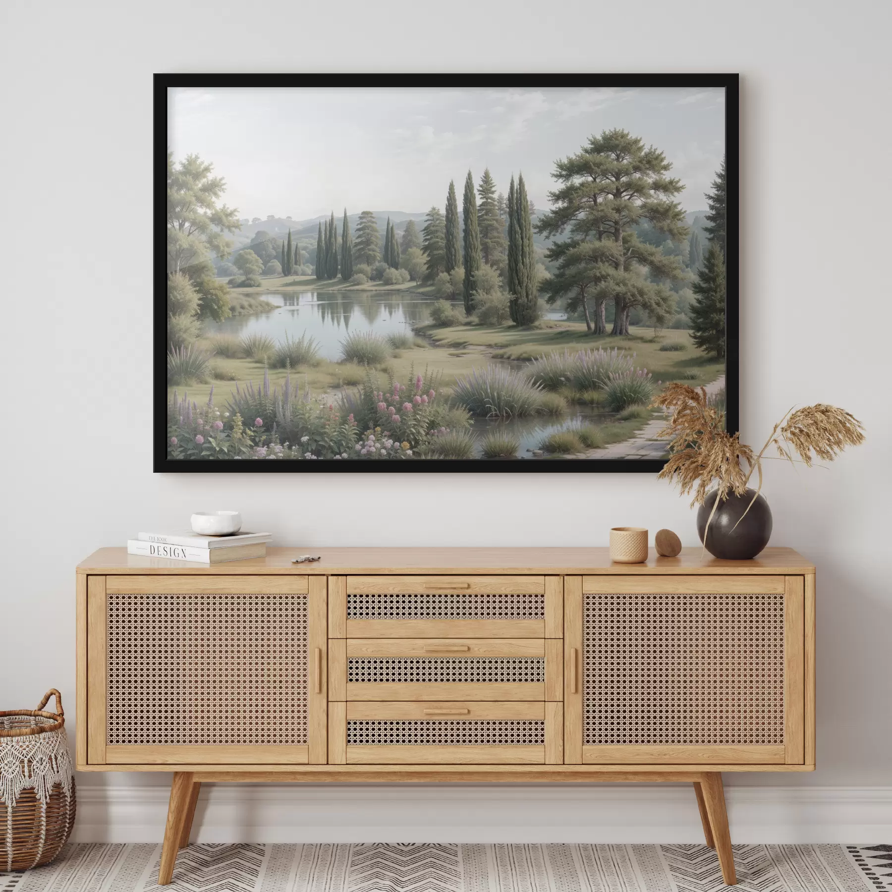 murales de pared Un paisaje sereno con un lago tranquilo rodeado de pinos, cipreses y otra vegetación exuberante f40579