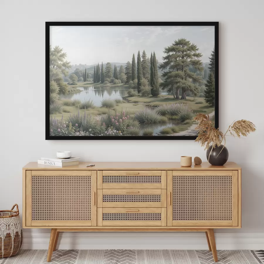 murales de pared Un paisaje sereno con un lago tranquilo rodeado de pinos, cipreses y otra vegetación exuberante. f40579