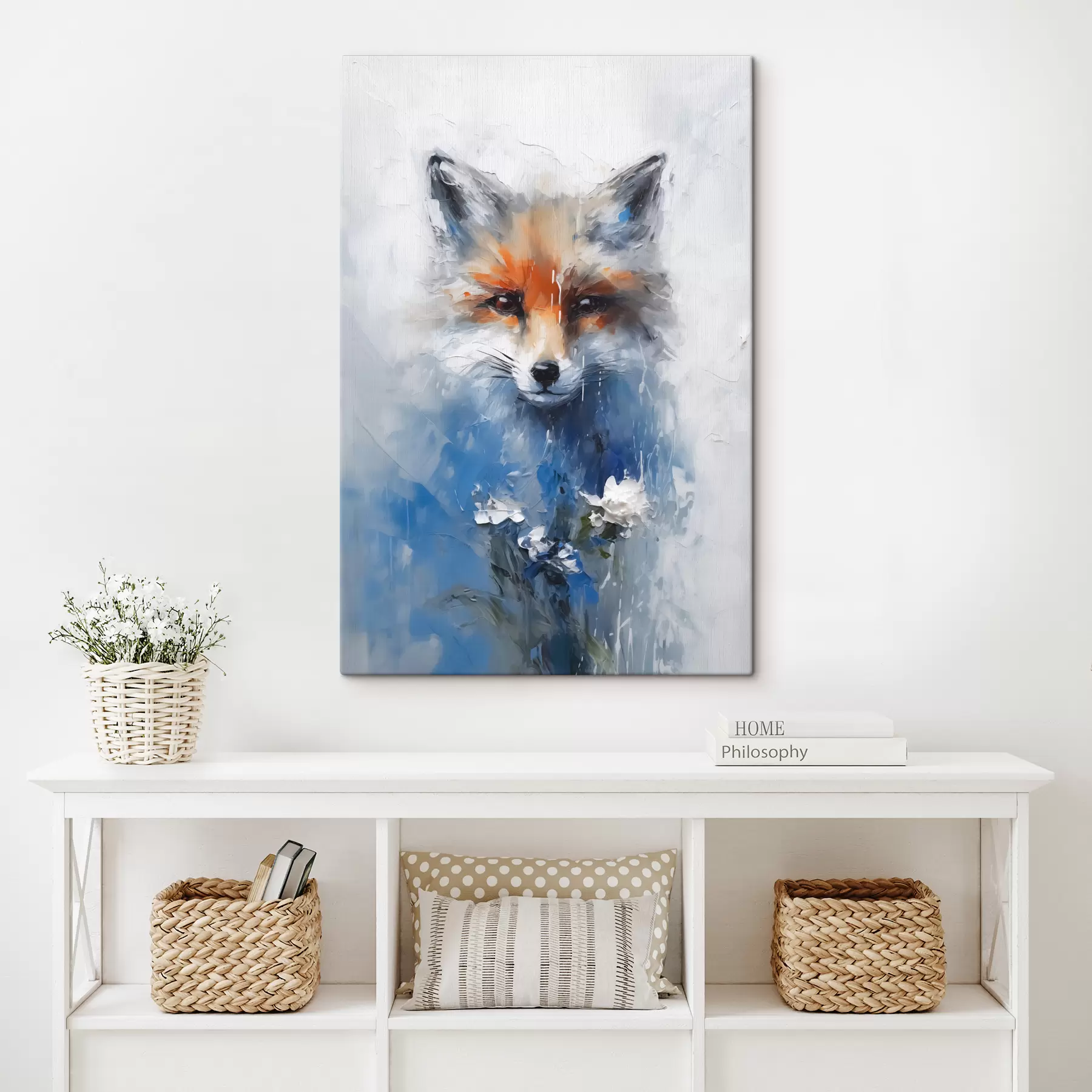 murales de pared Retrato abstracto de un zorro en manchas de pintura azul s40524