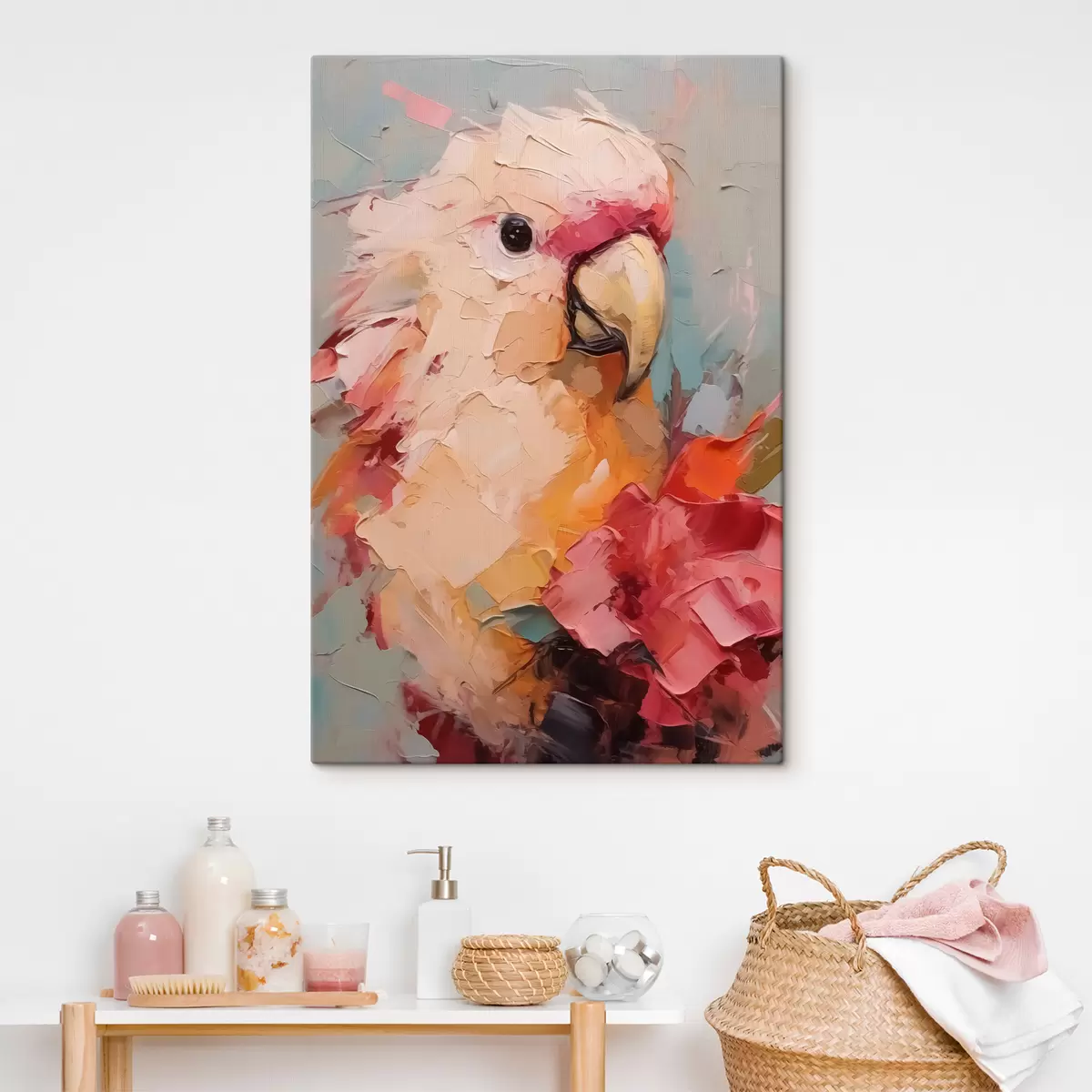 murales de pared Retrato de un loro cacatúa, color rosa, rojo, beige y gris. s40525