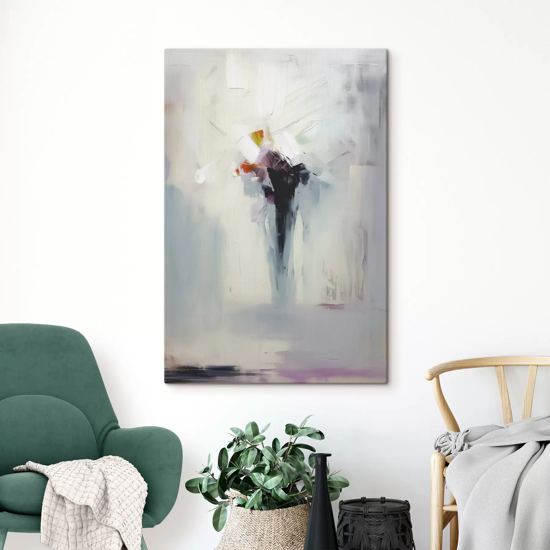 murales de pared Abstracción astral, mancha negra sobre fondo blanco-gris, imitación de pinceladas s40526