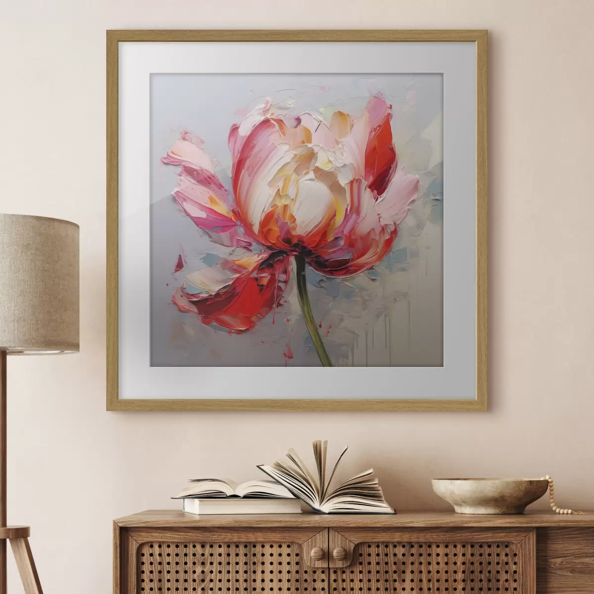 Poster Tulipán floreciente, color rojo, rosa y gris f40519