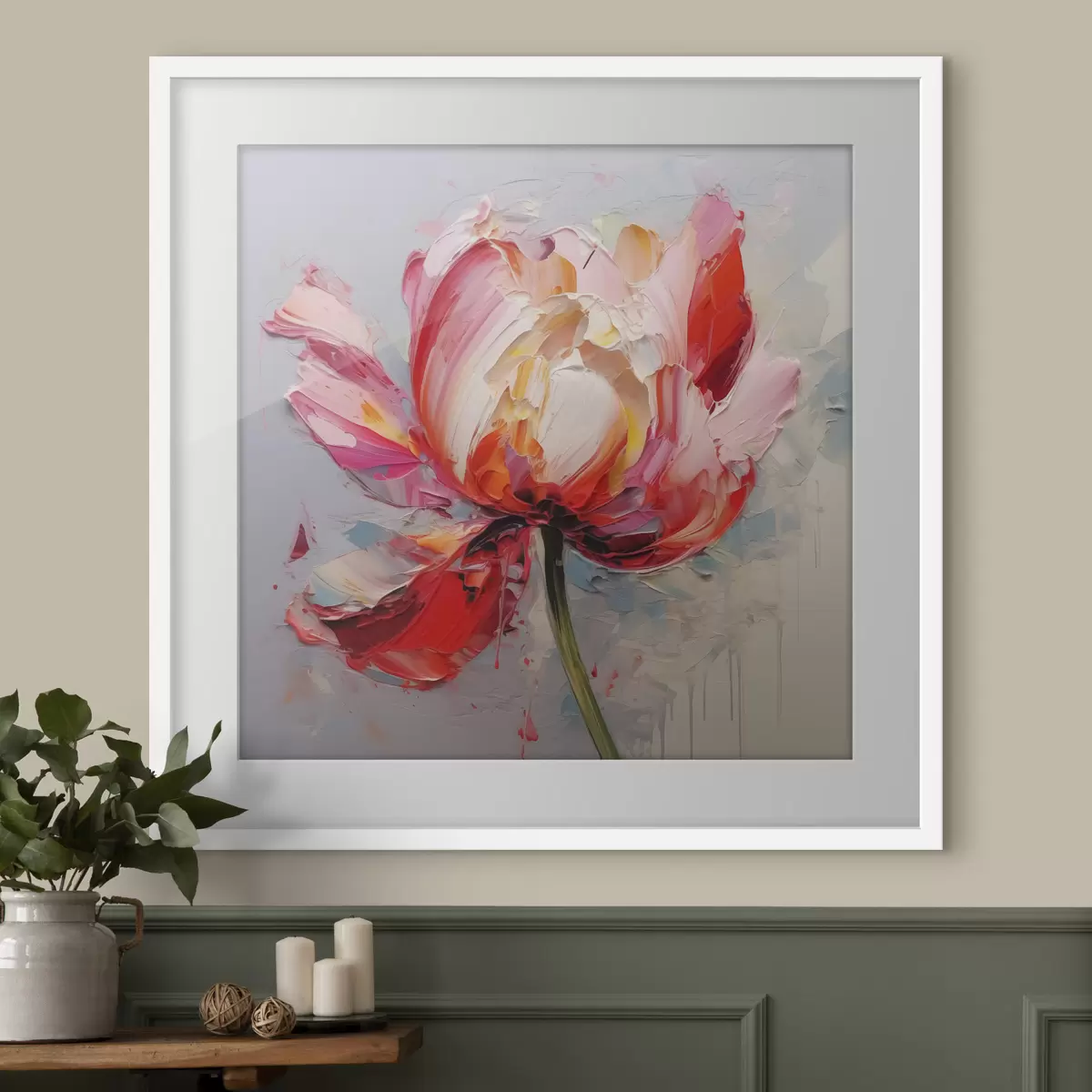 Poster Tulipán floreciente, color rojo, rosa y gris f40519