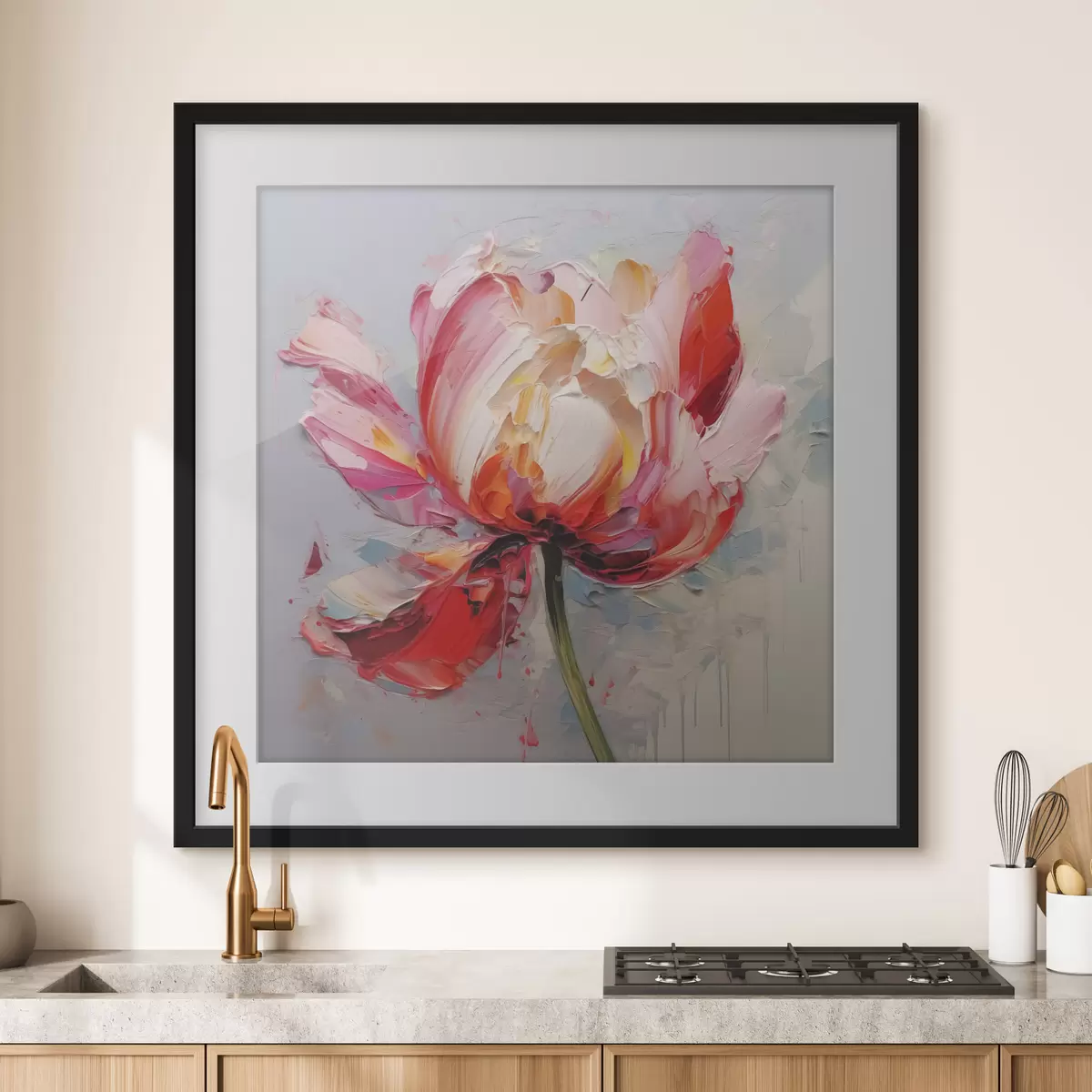 Poster Tulipán floreciente, color rojo, rosa y gris f40519
