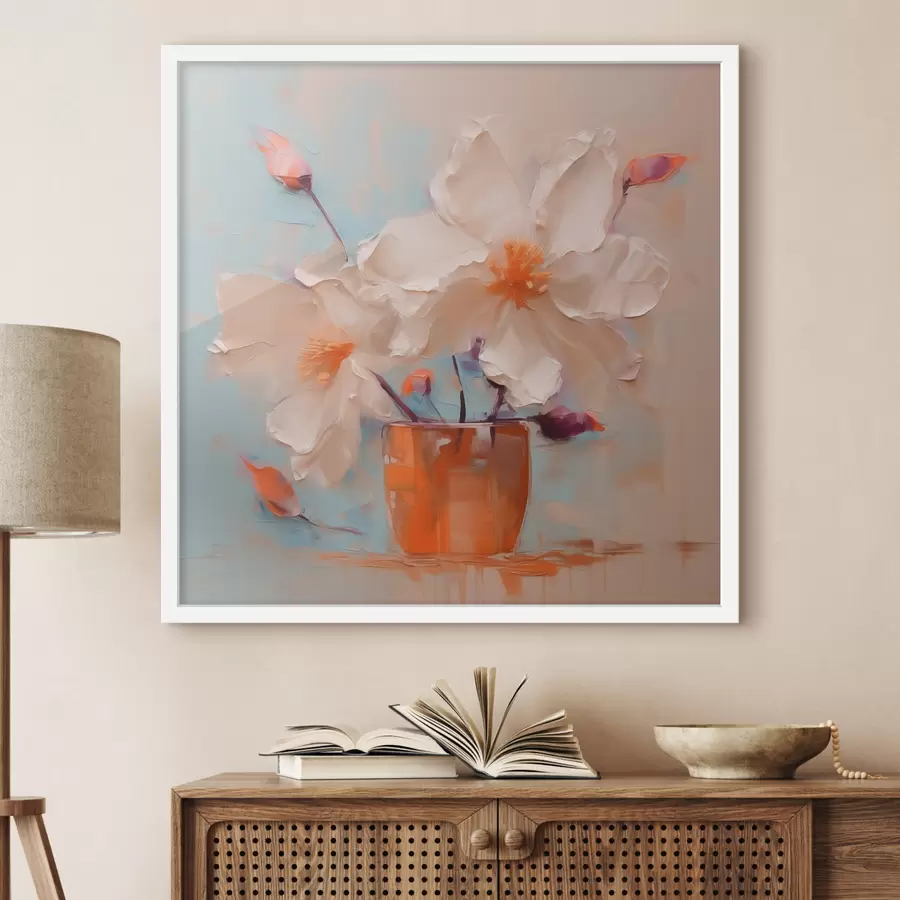 murales de pared Narcisos en jarrón, blanco, naranja, beige, azul f40520